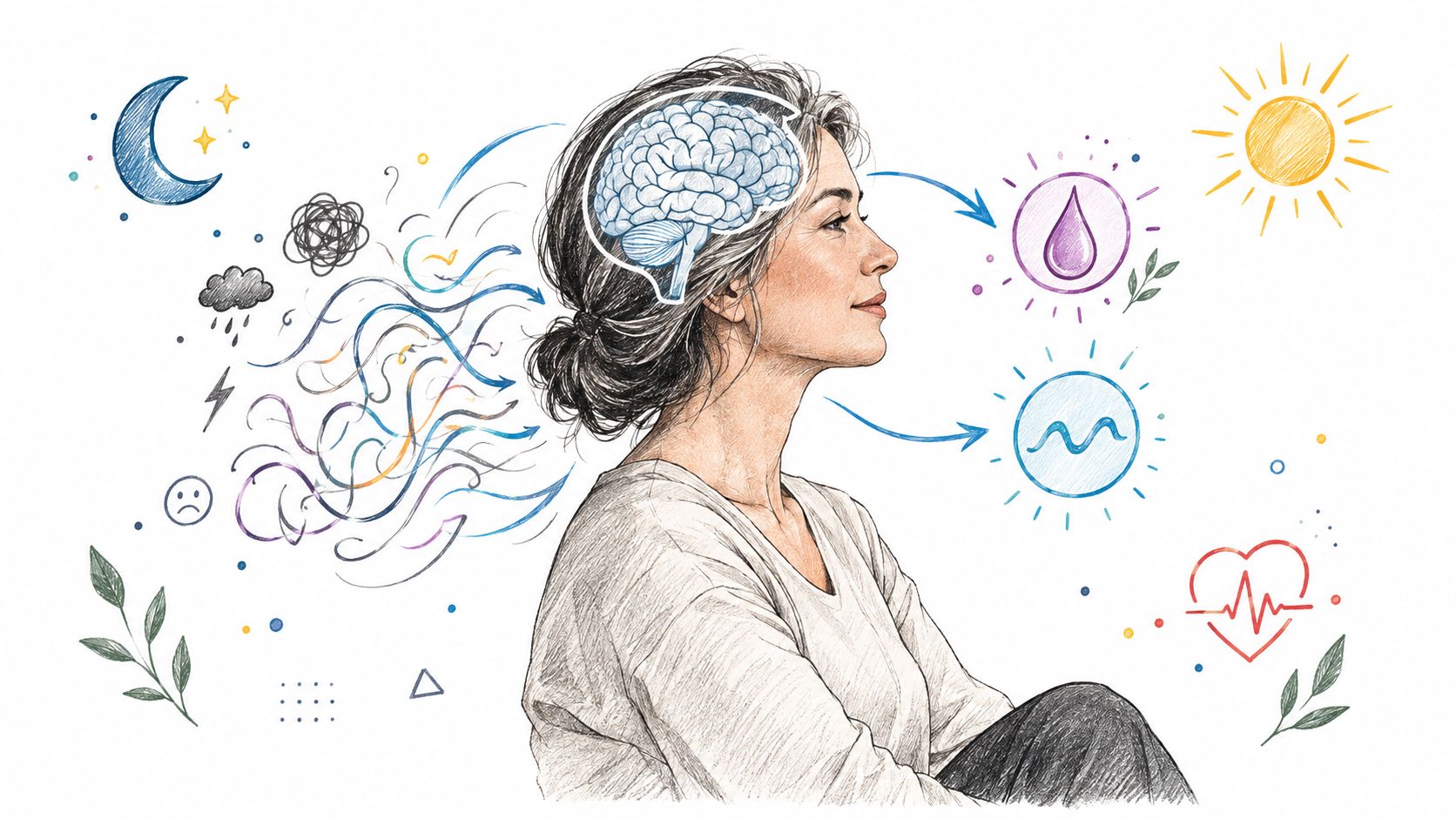 A woman's profile showing an illustrated mental health transition from chaotic clouds to calm wellness icons.