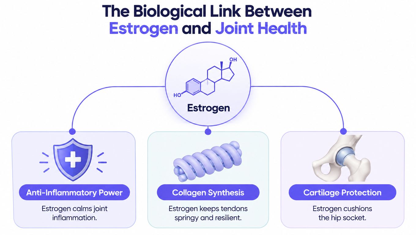 A diagram illustrating how estrogen positively impacts joint health by reducing inflammation, aiding collagen, and protecting cartilage.