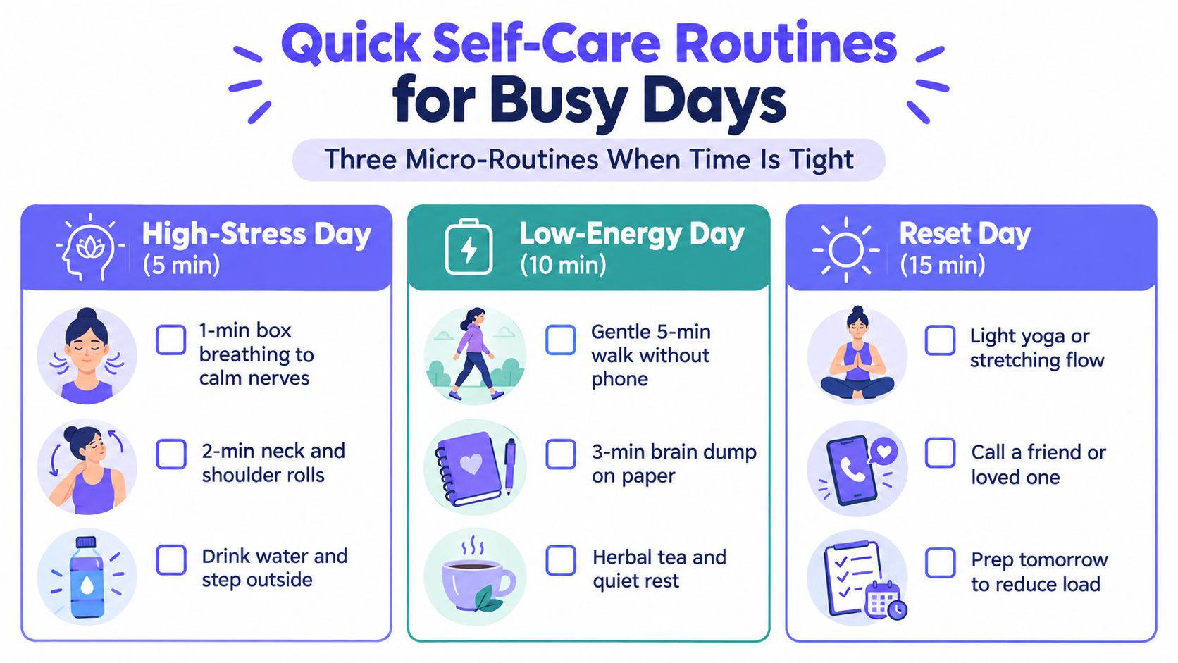 An infographic titled Quick Self-Care Routines for Busy Days, suggesting three micro-routines for high-stress, low-energy, and reset days.