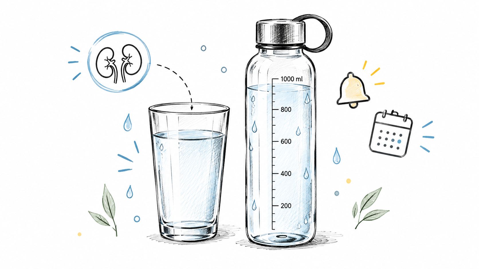A hand-drawn illustration showing a glass of water, a water bottle, kidneys, a bell, and a calendar.