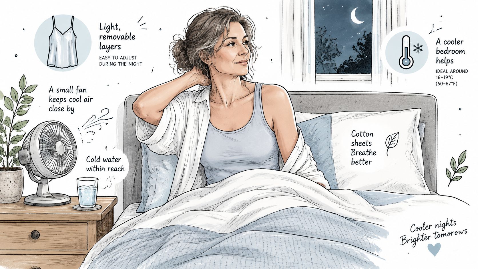 An illustration of a woman in bed surrounded by tips for managing nighttime hot flashes and cooling strategies.