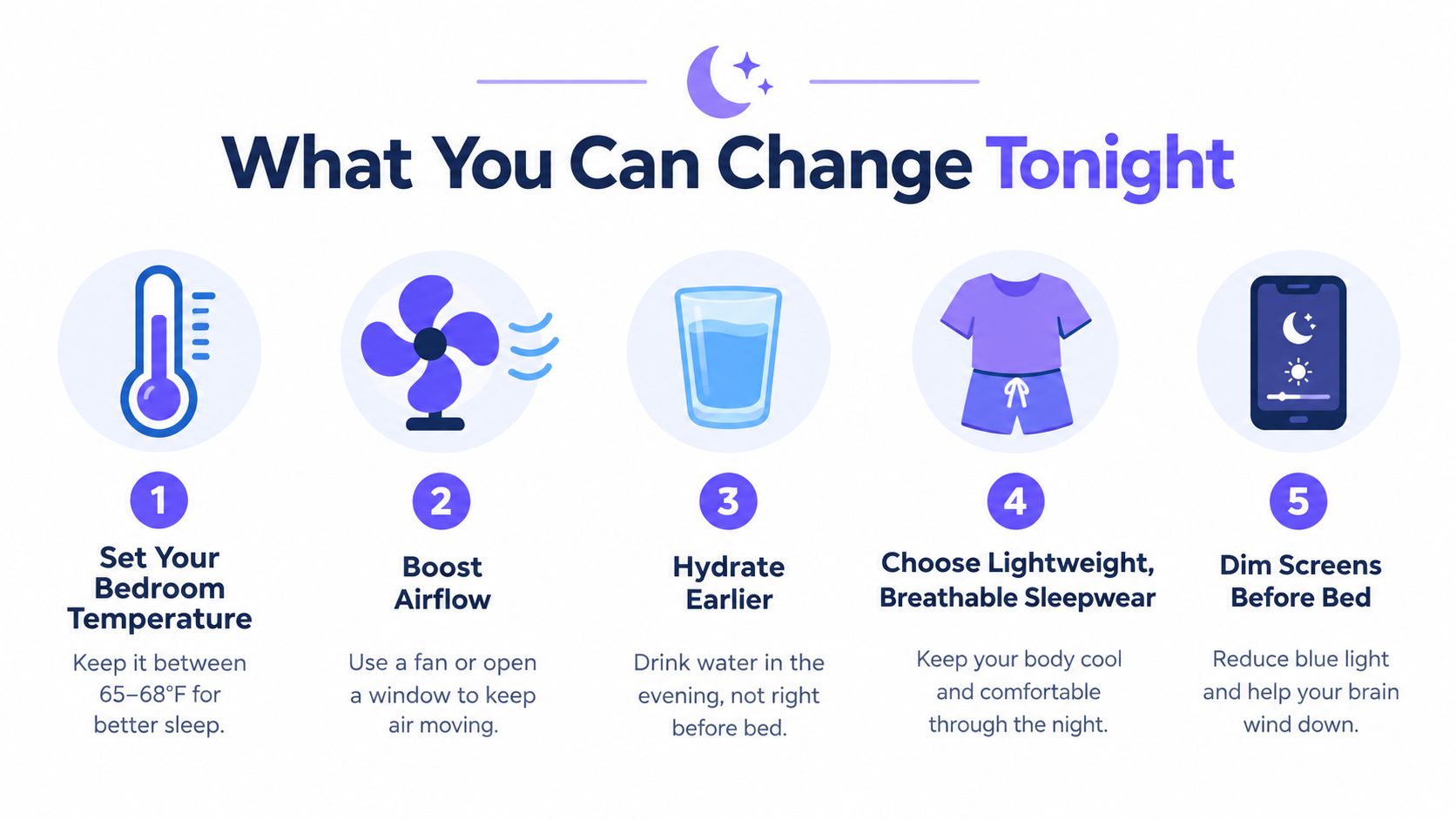 A colorful infographic providing five simple tips to improve sleep quality by managing night sweats and comfort.