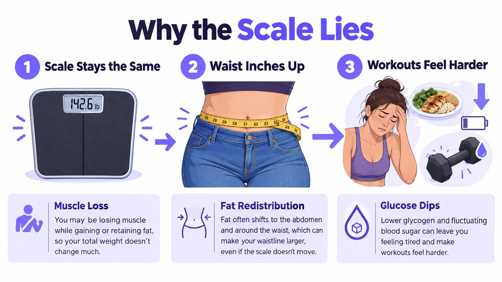 An infographic titled Why the Scale Lies explaining muscle loss, fat redistribution, and glucose dips during weight fluctuations.