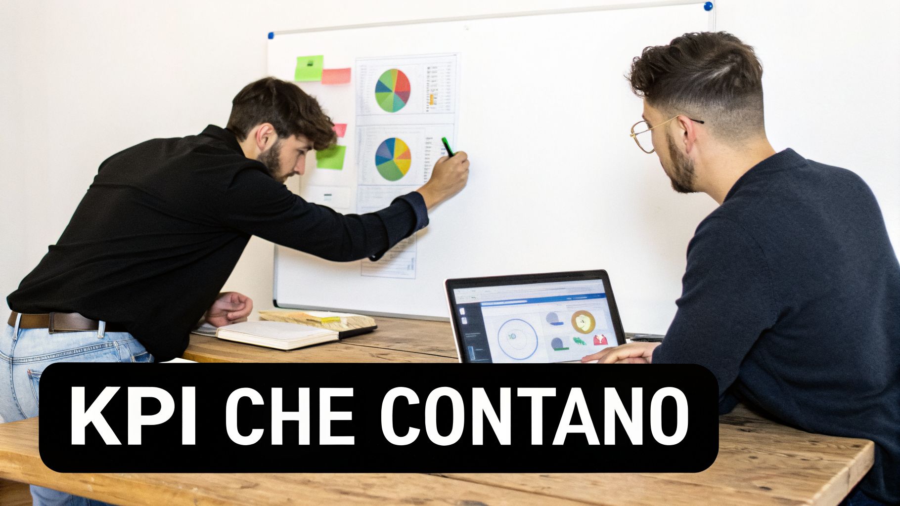 Due uomini d'affari analizzano grafici e dati su una lavagna e un laptop, discutendo strategie e KPI.