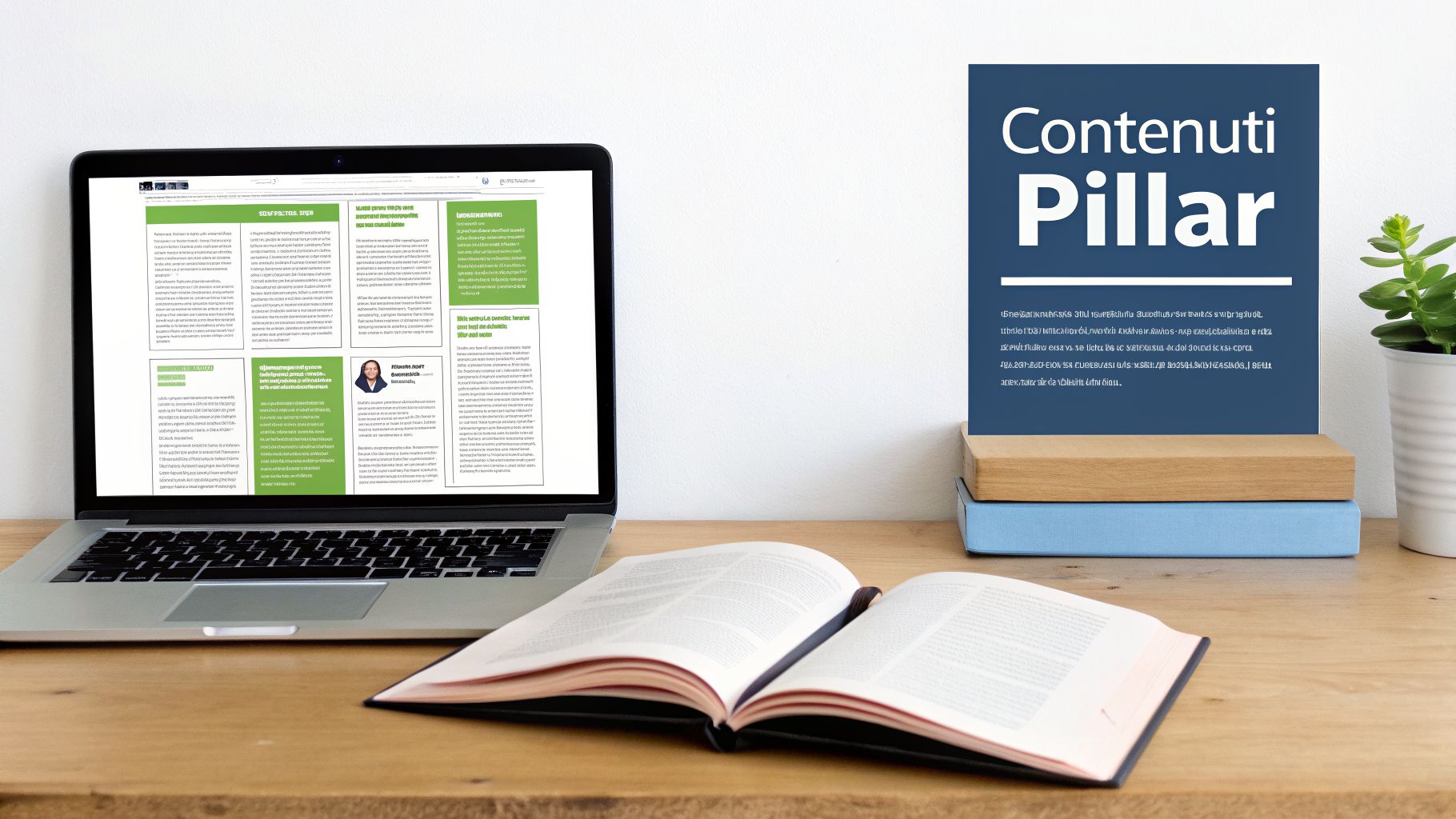 Laptop, libro aperto e cartello 'Contenuti Pillar' su scrivania in legno, simboleggiando lo studio e la creazione di contenuti.