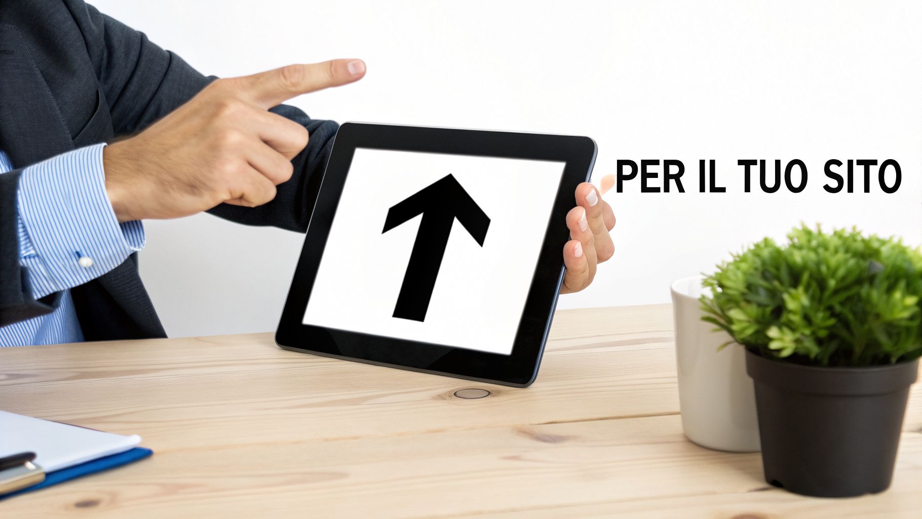Un uomo in giacca e cravatta indica un tablet con una freccia in su e la scritta 'PER IL TUO SITO', su una scrivania in legno.