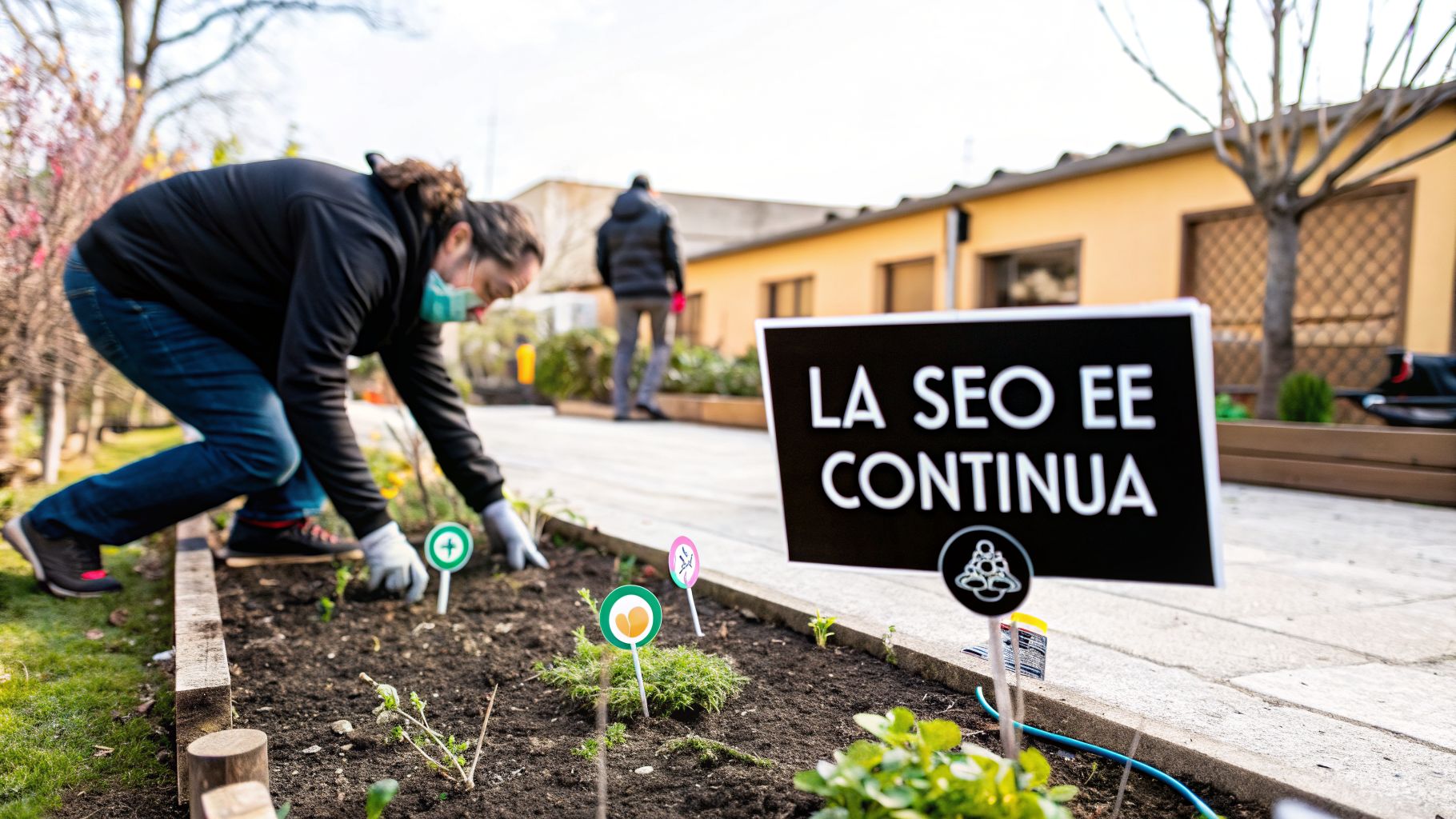 Una persona con mascherina e guanti si prende cura di un'aiuola, con un cartello che recita 'LA SEO EE CONTINUA'.