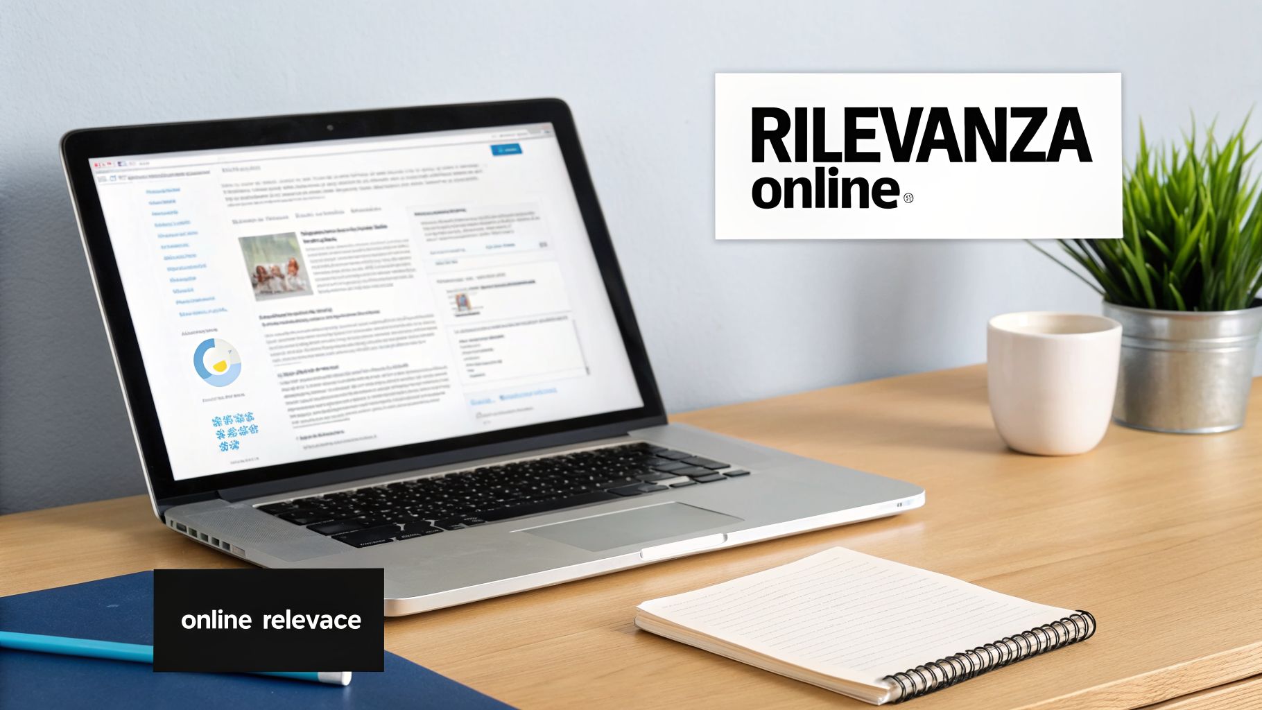 Laptop aperto su una scrivania di legno con sito web, pianta, tazza e quaderno. Focus su rilevanza online.