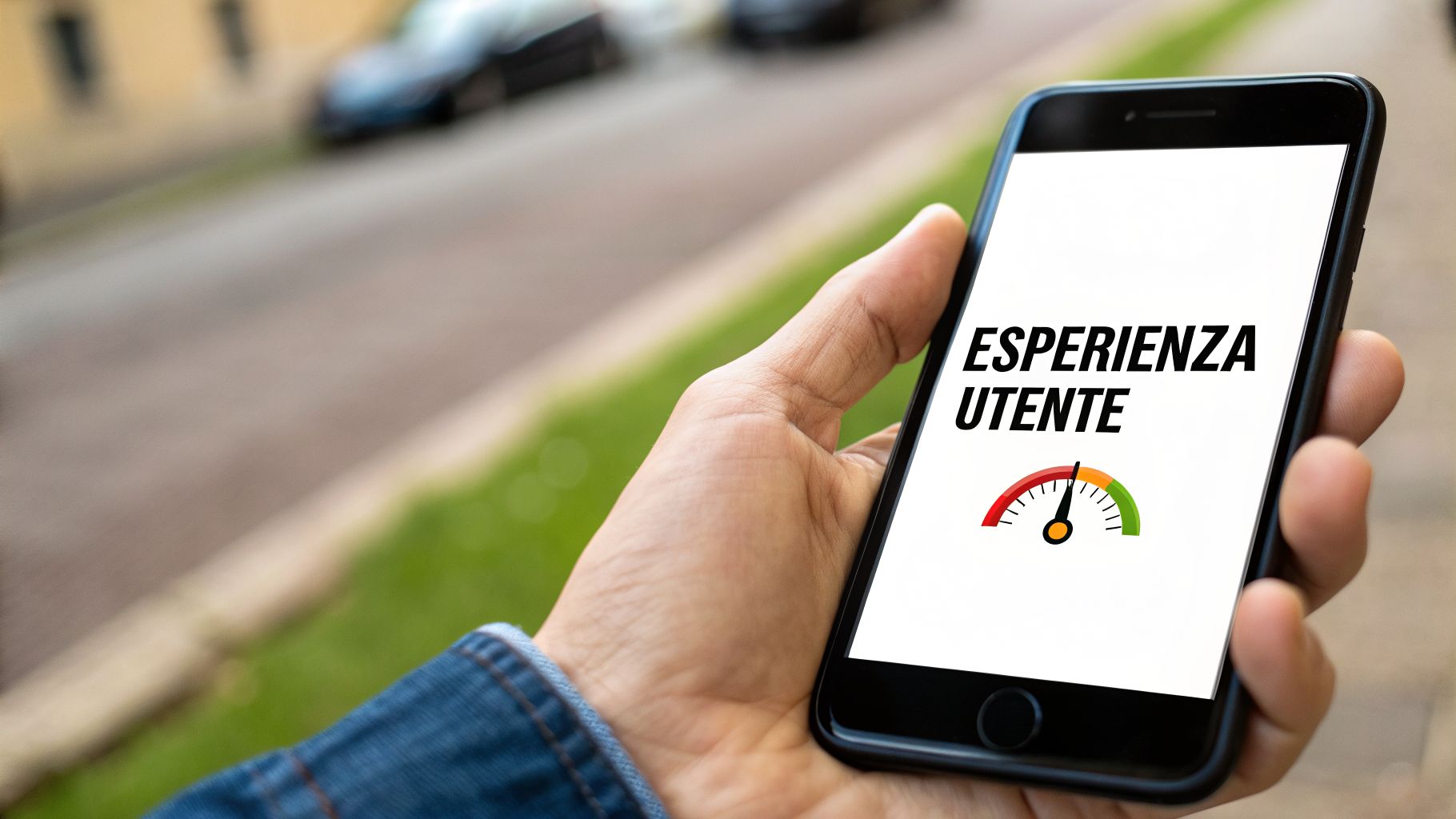 Una mano tiene uno smartphone che mostra la scritta 'Esperienza Utente' e un indicatore di soddisfazione, con strada sfocata sullo sfondo.