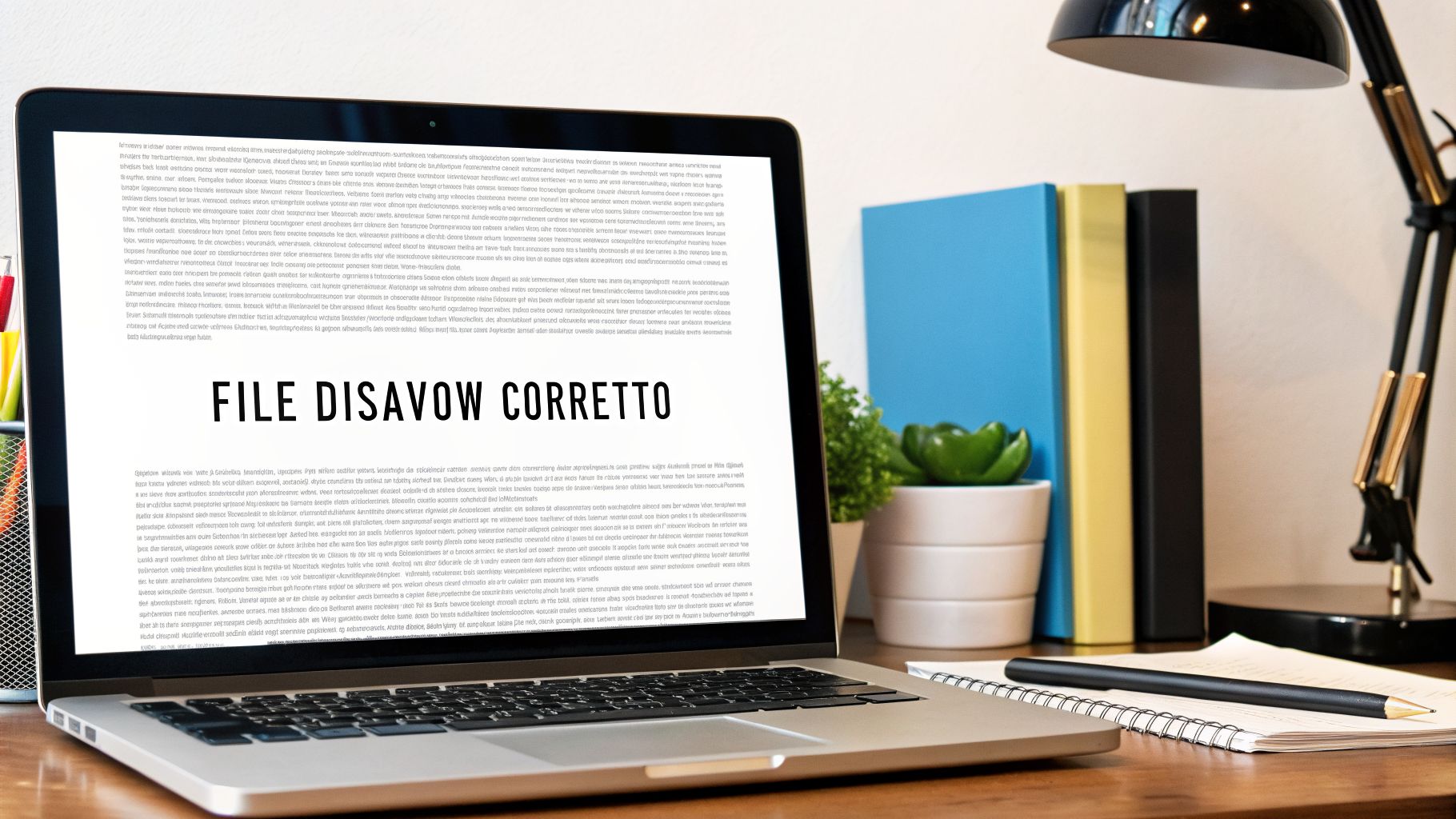 Laptop su scrivania con testo 'FILE DISAVOW CORRETTO', libri, lampada e quaderno, in un ambiente di lavoro.
