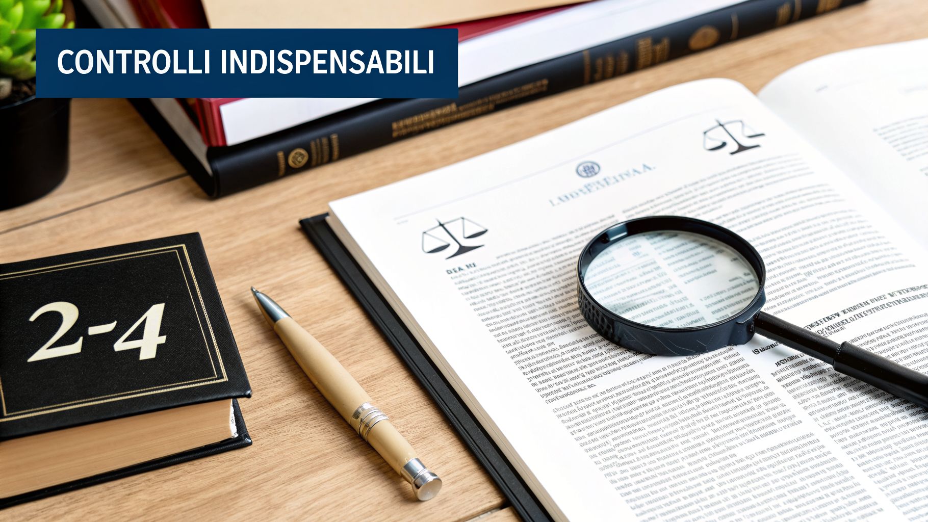 Un tavolo con libri legali, una lente d'ingrandimento su un testo aperto e la scritta 'CONTROLLI INDISPENSABILI'.