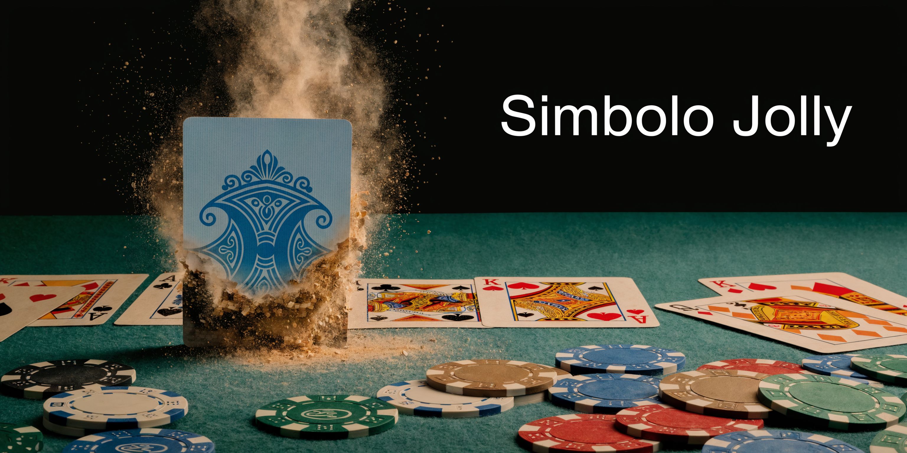 Una carta da gioco con il simbolo jolly che esplode polvere su un tavolo verde da casinò.