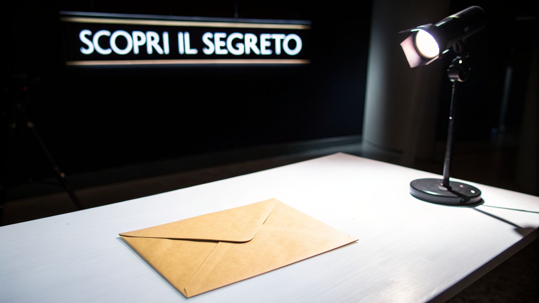 Busta marrone su tavolo bianco illuminata da un faretto, con scritta 'SCOPRI IL SEGRETO' sullo sfondo.