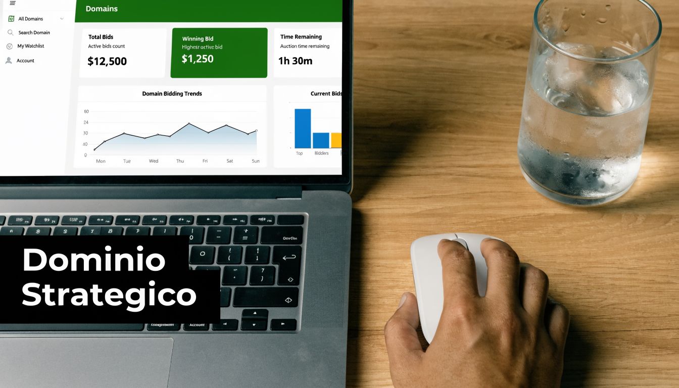 Una persona che utilizza un computer portatile per monitorare le aste di domini web su una scrivania.