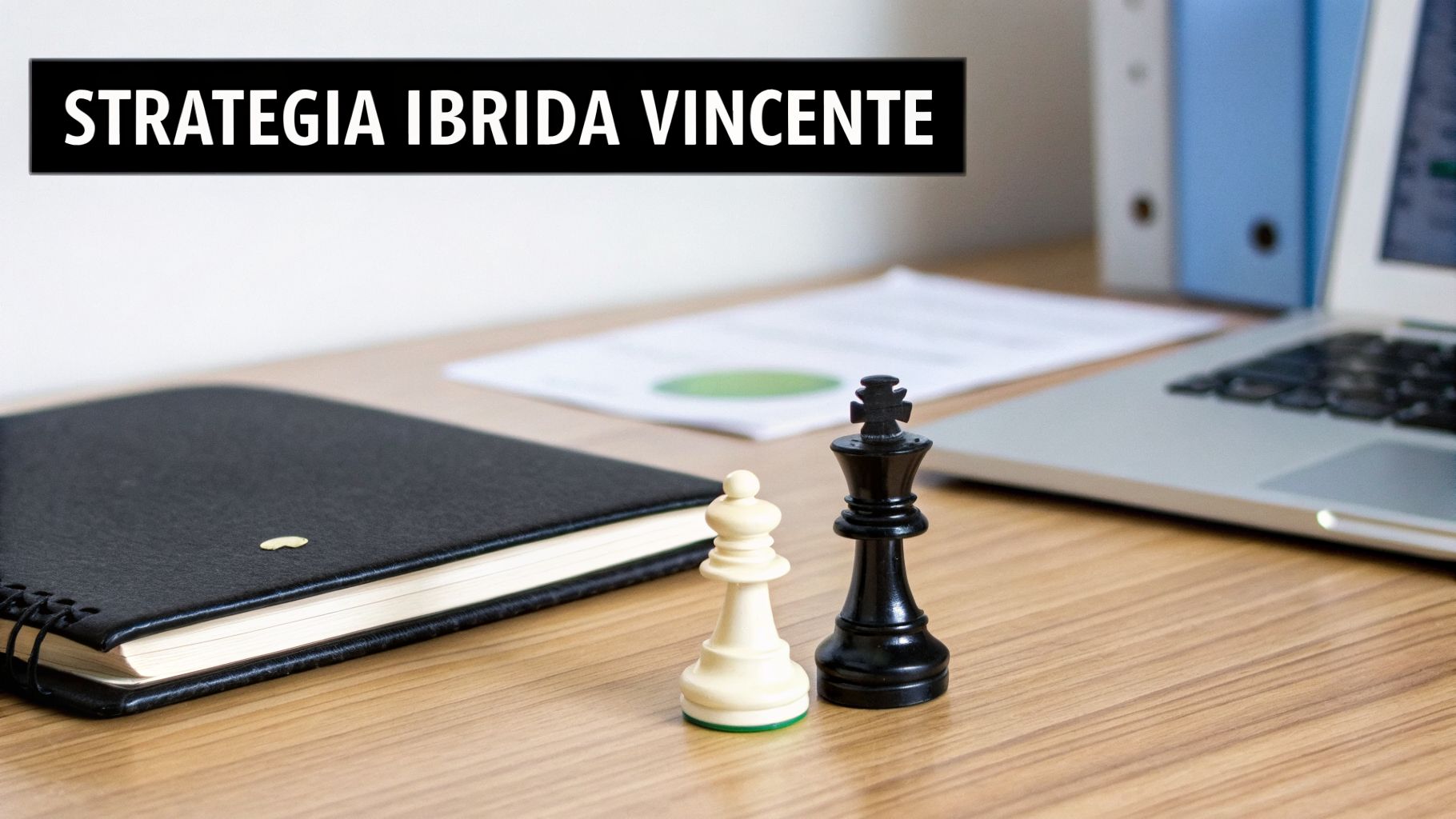 Scacchiera con re nero e pedone bianco su una scrivania di legno, con un quaderno e un laptop, e il testo in bianco “STRATEGIA IBRIDA VINCENTE” su una fascia nera.