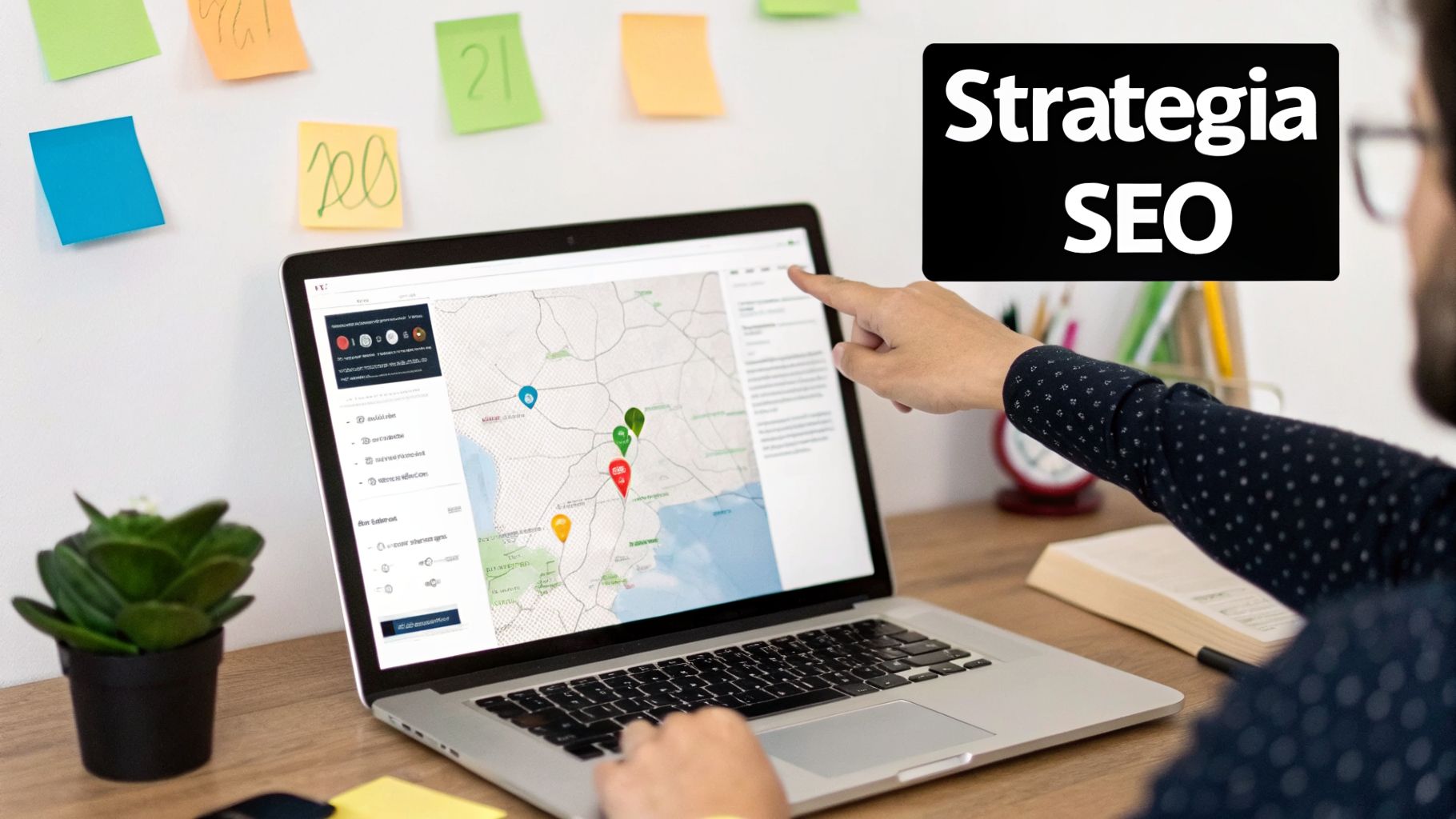 Una persona punta a una mappa interattiva su un laptop, con note adesive sullo sfondo. L'immagine si concentra sulla strategia SEO.