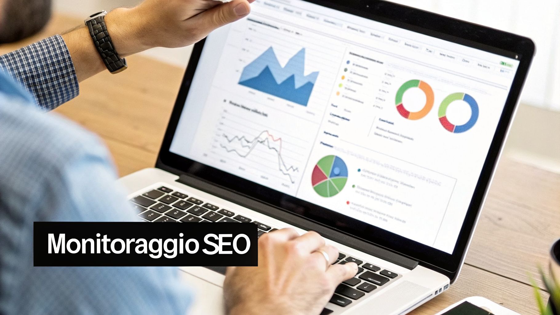 Una persona esamina grafici e dati di monitoraggio SEO su un laptop, con la scritta 'Monitoraggio SEO' in primo piano.