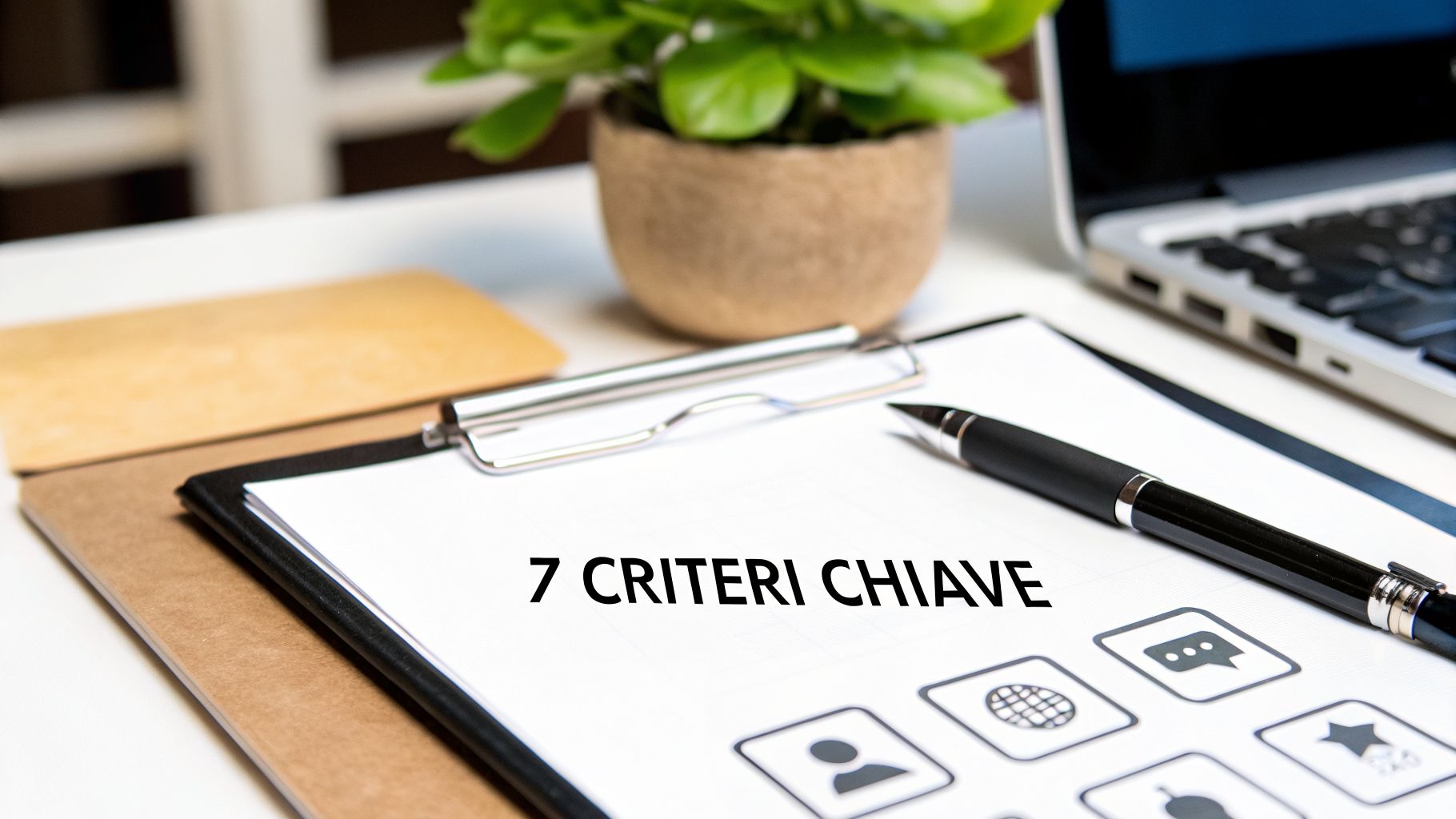 Documento su clipboard con testo '7 CRITERI CHIAVE' e penna su scrivania con laptop e pianta.