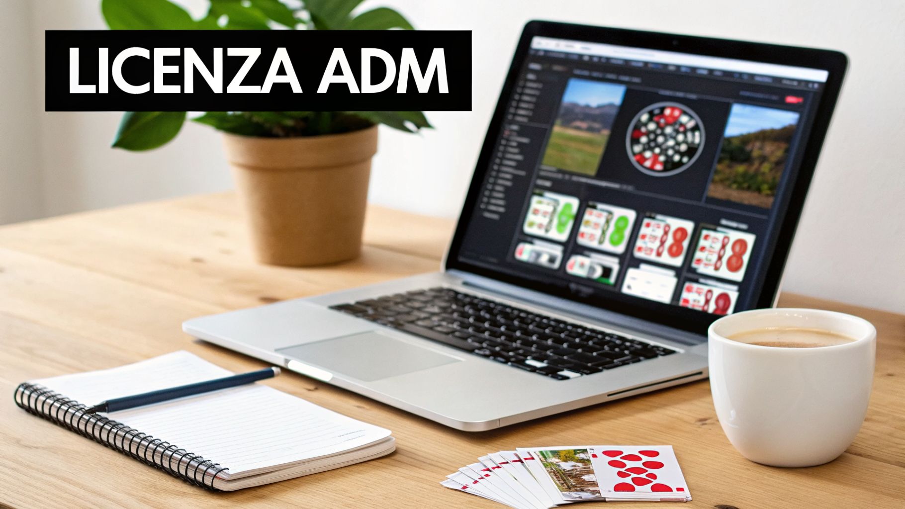 Scrivania con laptop che mostra giochi, caffè, taccuino e carte, evidenziando la 'LICENZA ADM'.