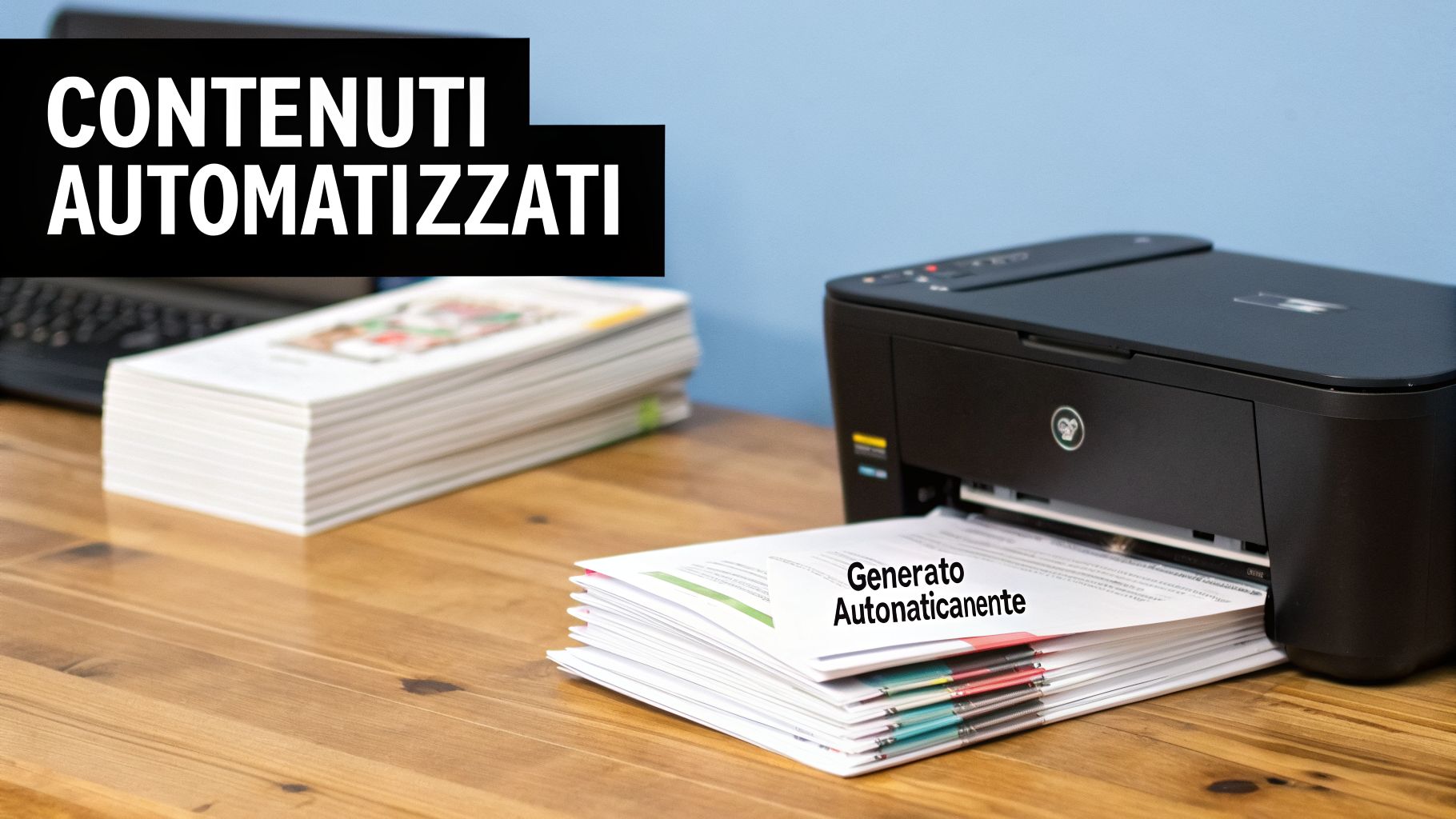 Stampante che produce pile di documenti, con testi "CONTENUTI AUTOMATIZZATI" e "Generato Automaticamente" in evidenza.