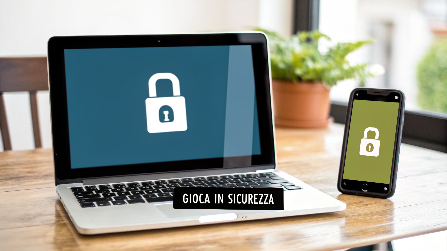 Un portatile e uno smartphone su un tavolo, entrambi con un'icona di lucchetto per la sicurezza digitale e il testo 'Gioca in sicurezza'.