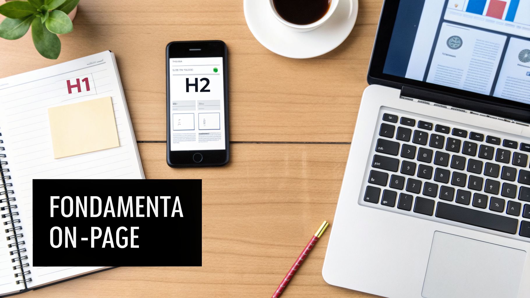 Scrivania con notebook, smartphone e laptop, evidenziando le fondamenta SEO on-page con H1 e H2.