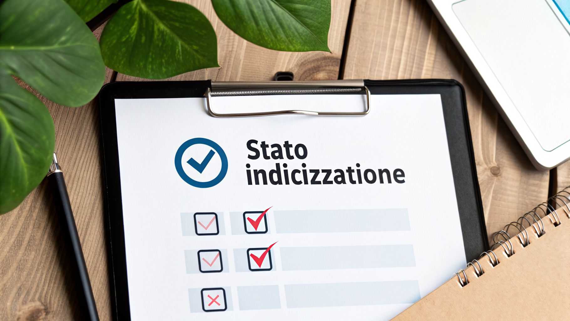 Un blocco note con un documento intitolato 'Stato indicizzazione' mostra una checklist con elementi selezionati e completati, su una scrivania in legno.