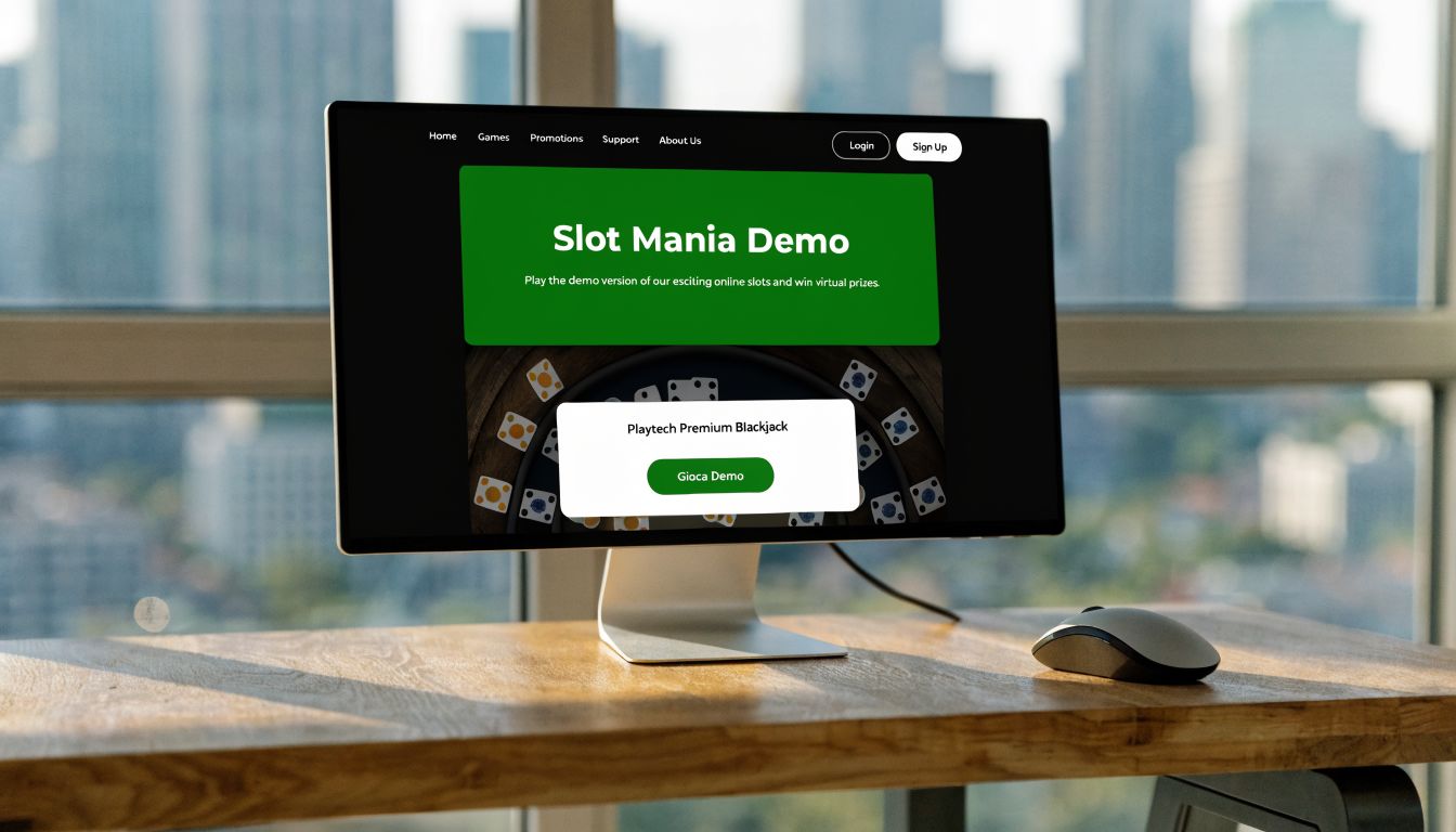 Un computer su una scrivania mostra una pagina web per giocare alla demo di Playtech Premium Blackjack.
