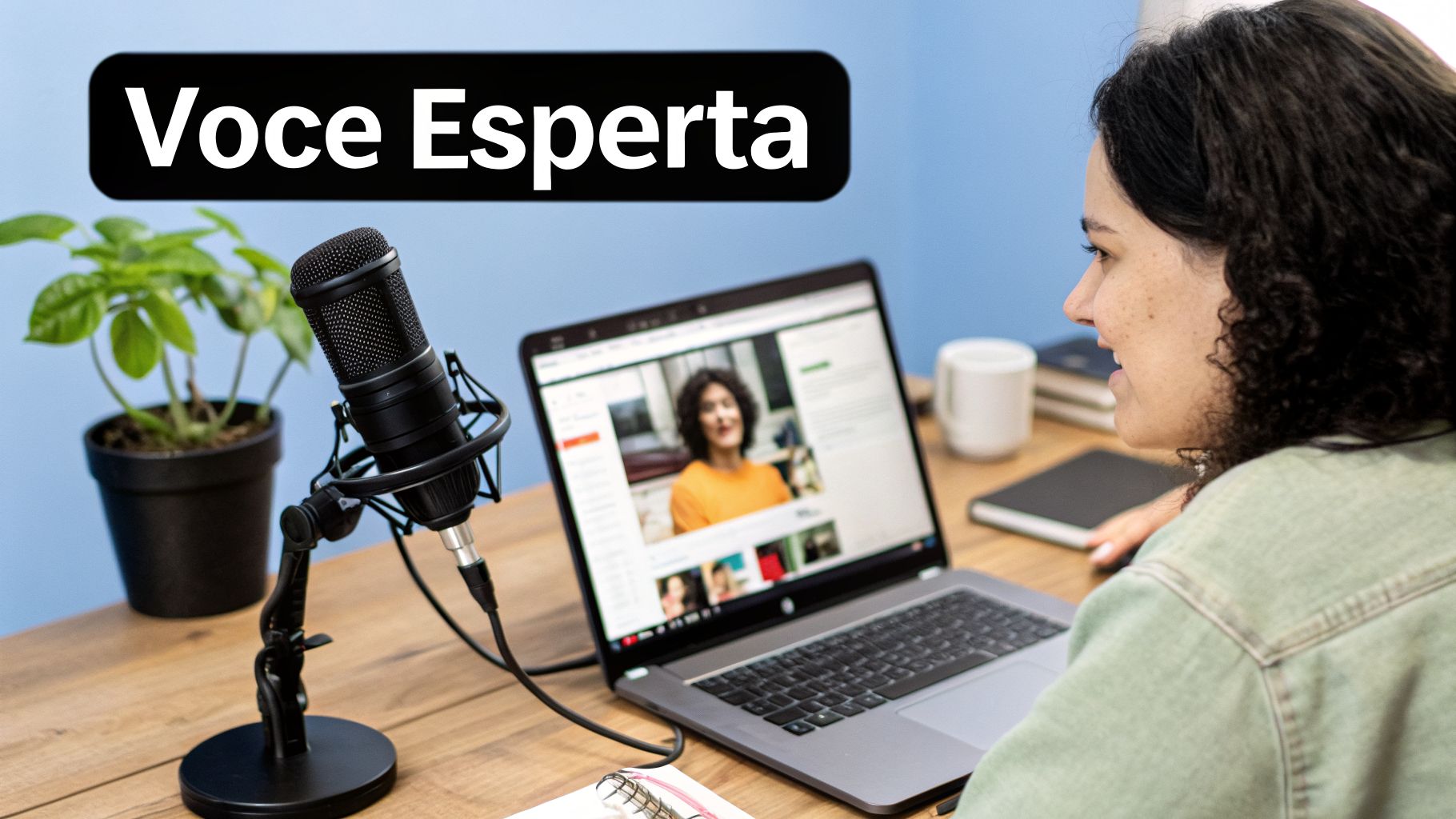 Una donna sorride mentre lavora al laptop con un microfono in primo piano, con il testo 'Voce Esperta'.