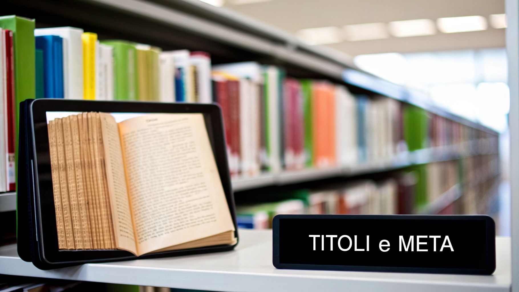 E-reader che mostra un libro aperto su uno scaffale di biblioteca, con un cartello 'TITOLI e META' e libri sullo sfondo.