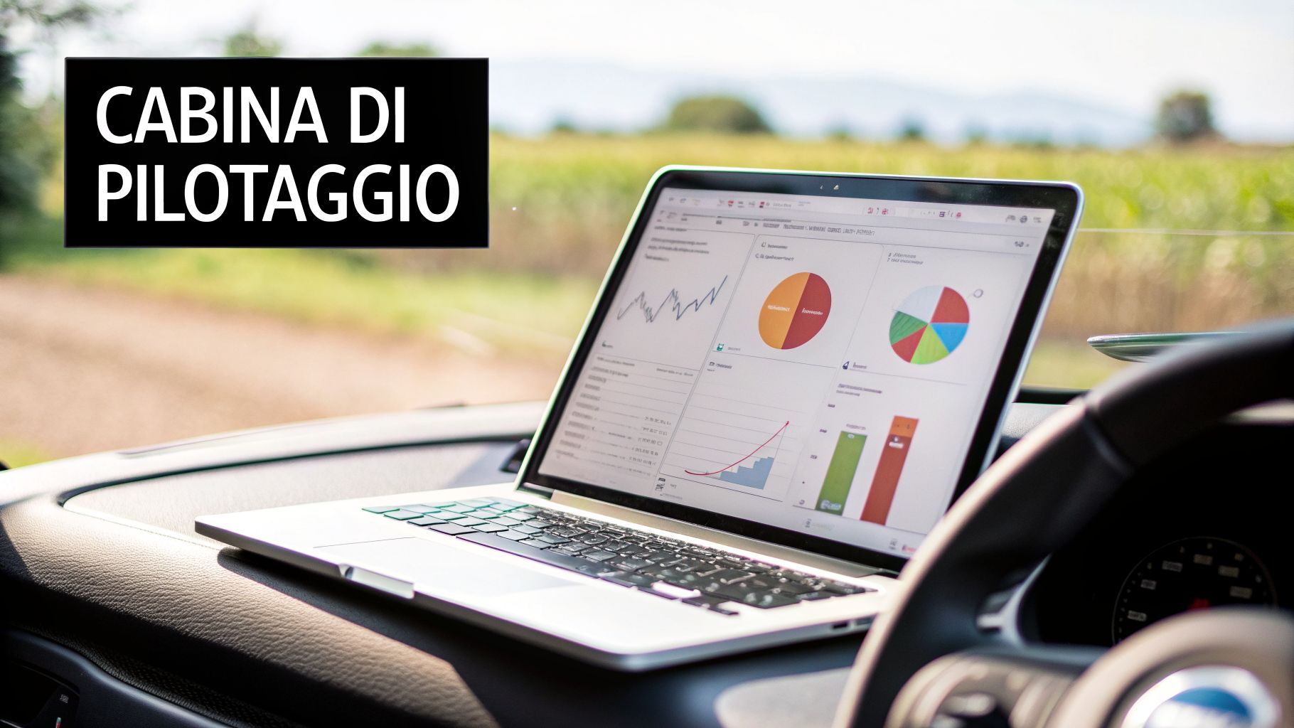 Un laptop aperto sul cruscotto di un'auto, visualizzando grafici e dati analitici, con l'etichetta 'CABINA DI PILOTAGGIO'.