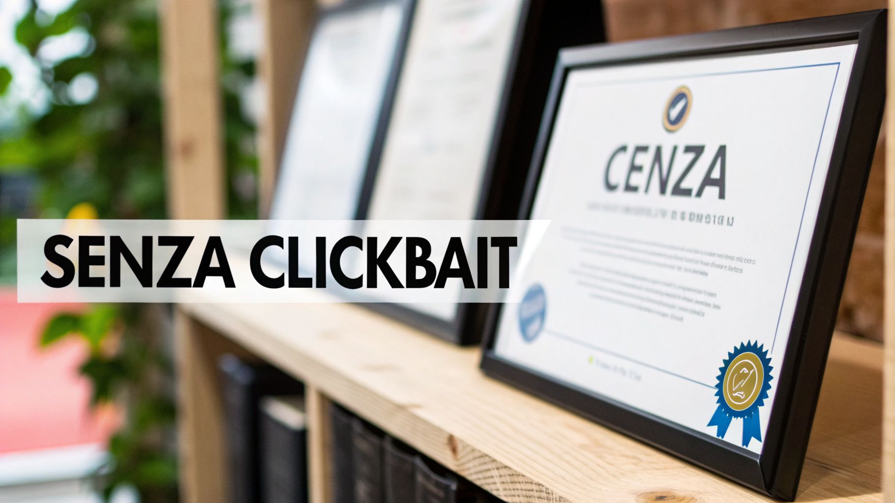 Certificato incorniciato con il logo CENZA e un testo in sovrimpressione "SENZA CLICKBAIT" su uno scaffale.