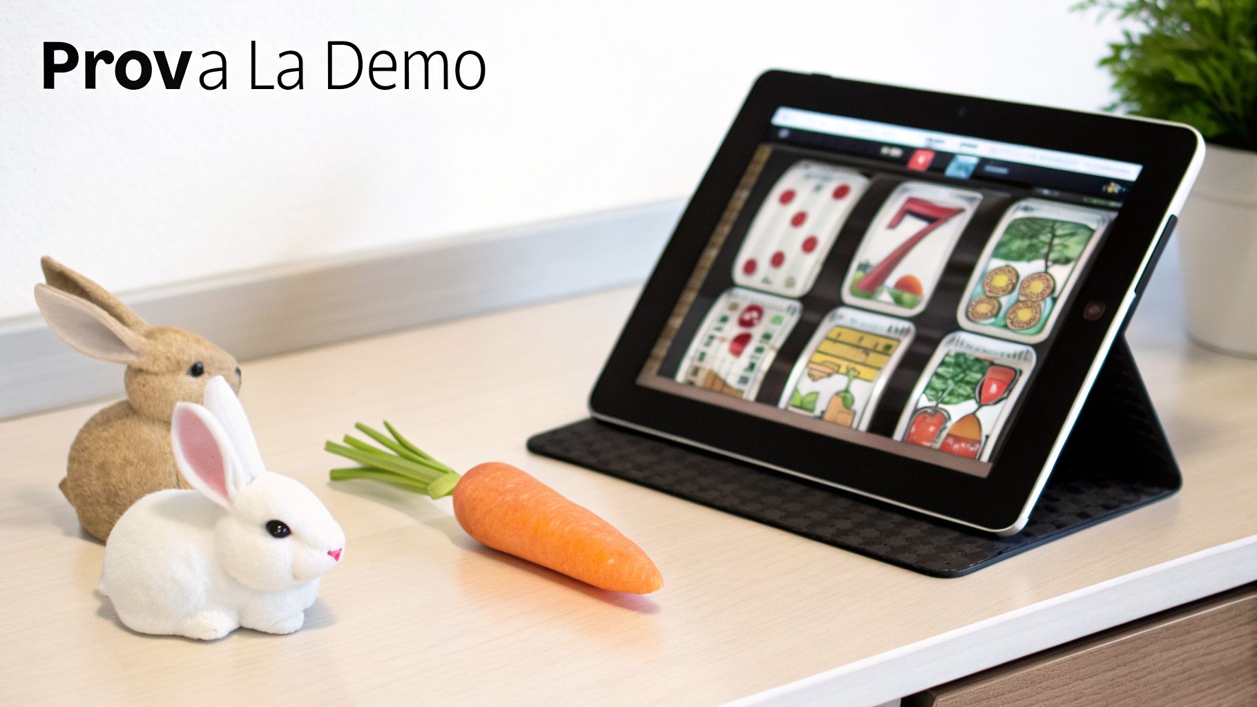 Un iPad mostra il gioco slot Robbits, con due coniglietti e una carota. Il testo dice: Prova La Demo.