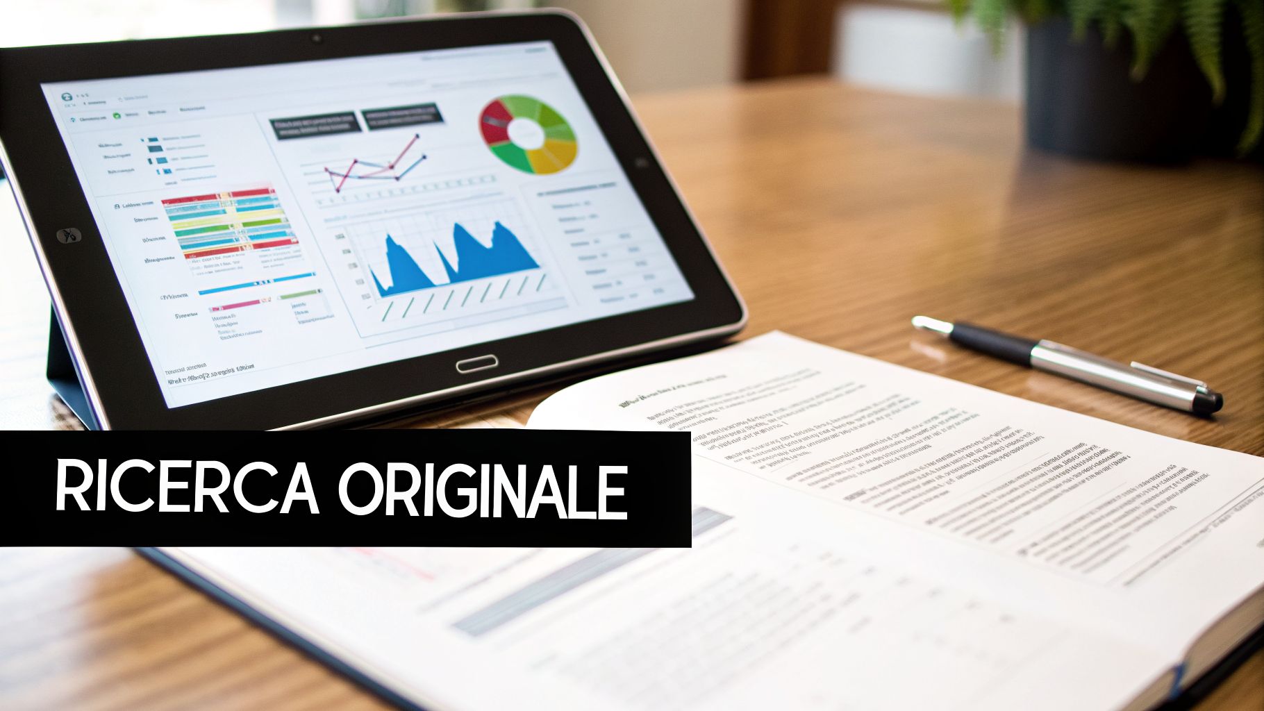 Tablet con grafici e dati analitici, documenti aperti e una penna su un tavolo di legno.