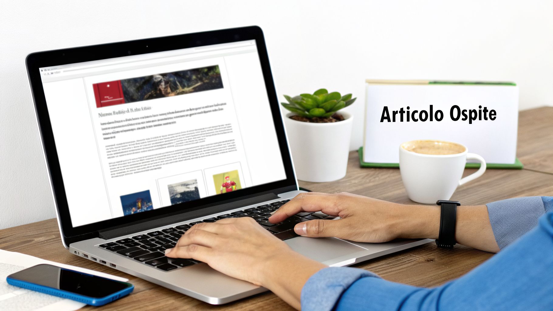 Una persona scrive su un laptop mostrando una pagina web di un articolo, con un cartello "Articolo Ospite" e una tazza di caffè.