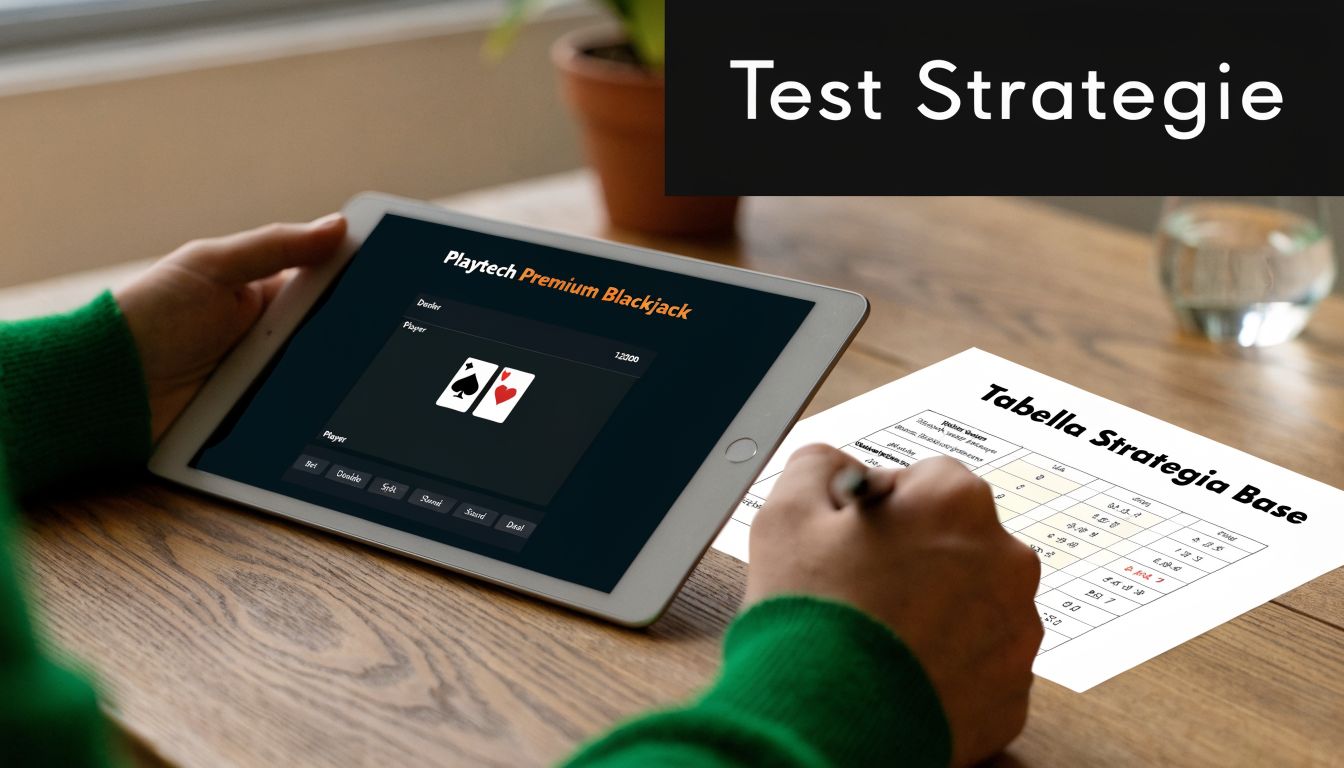 Una persona utilizza una tabella strategica per giocare alla demo gratuita di Premium Blackjack di Playtech sul tablet.