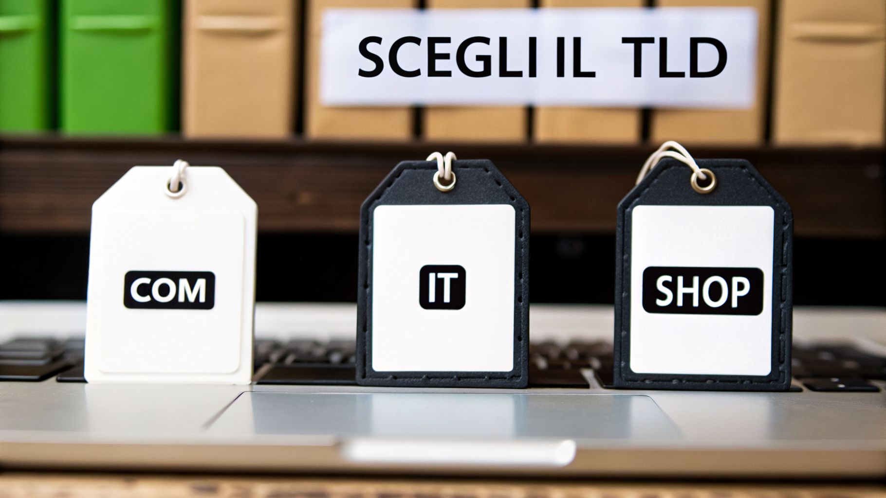 Tre etichette con estensioni di dominio (.COM, .IT, .SHOP) su una tastiera di laptop, con un cartello 'SCEGLI IL TLD' sullo sfondo.