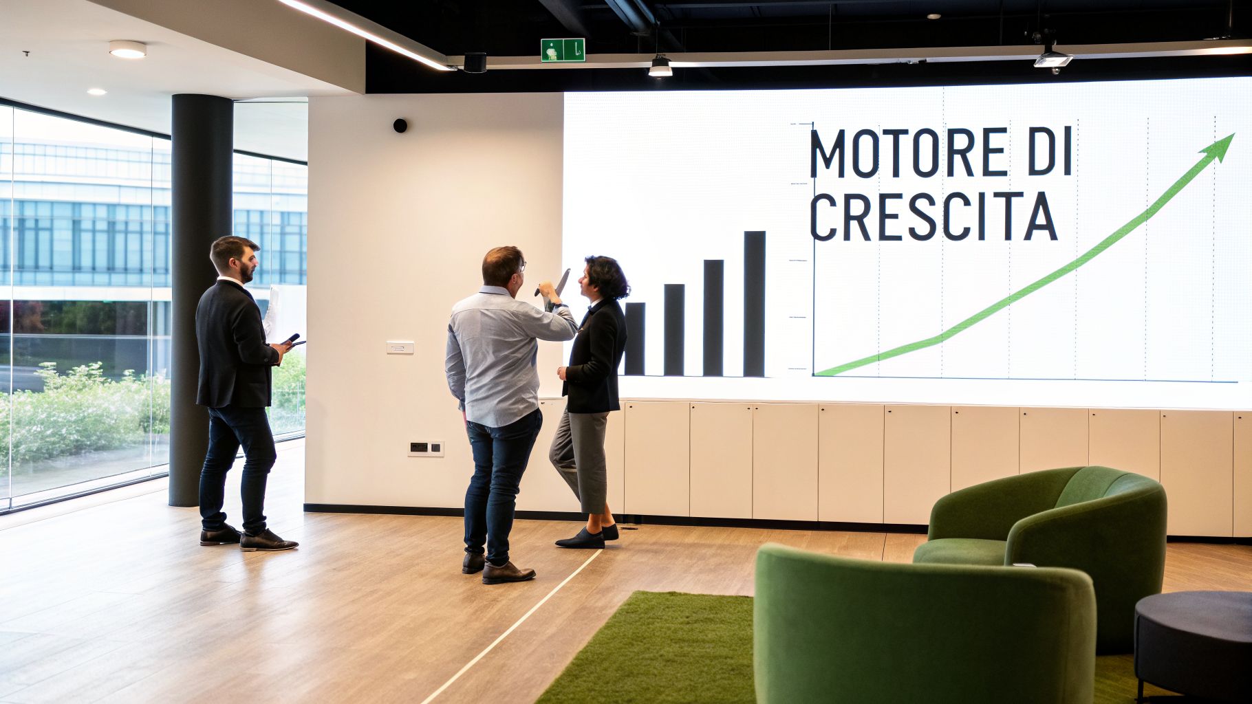 Tre professionisti in un ufficio moderno osservano un grafico di crescita su un grande schermo con la scritta "MOTORE DI CRESCITA".