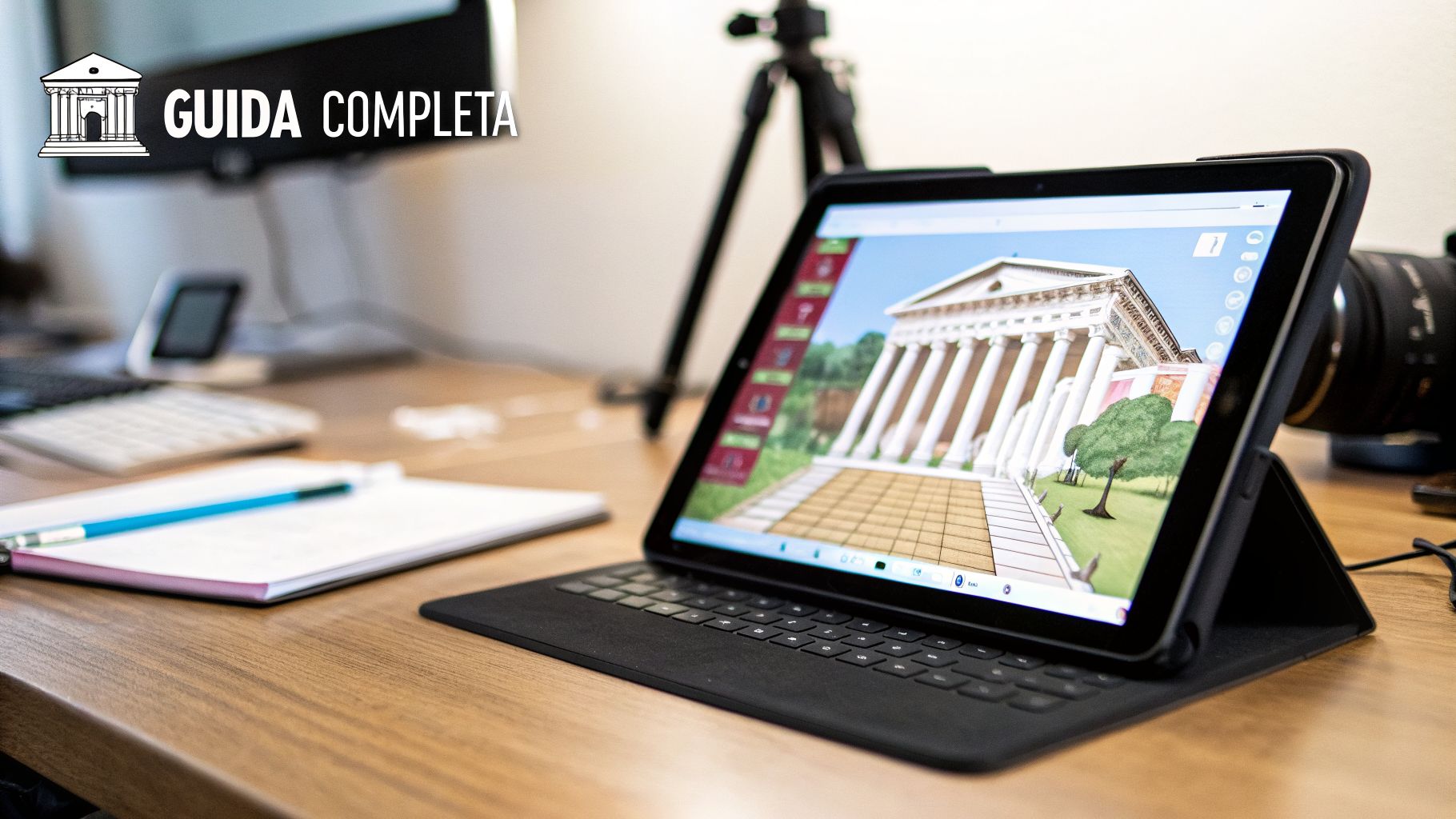 Tablet che mostra un modello 3D di un tempio classico su una scrivania di legno con tastiera e quaderno.
