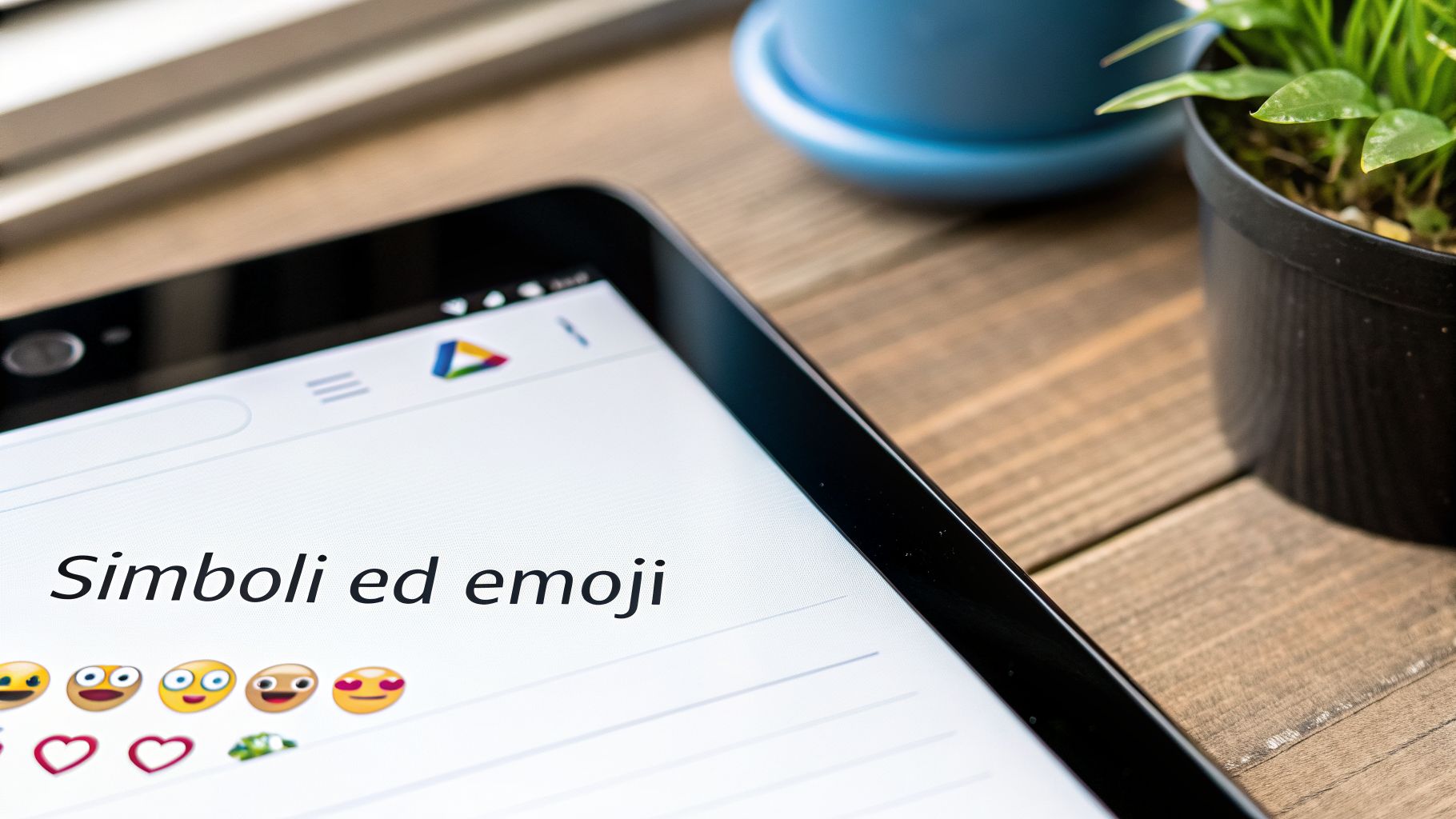 Un tablet mostra una pagina con il titolo "Simboli ed emoji" e diverse faccine ed emoticon in evidenza su un tavolo di legno.