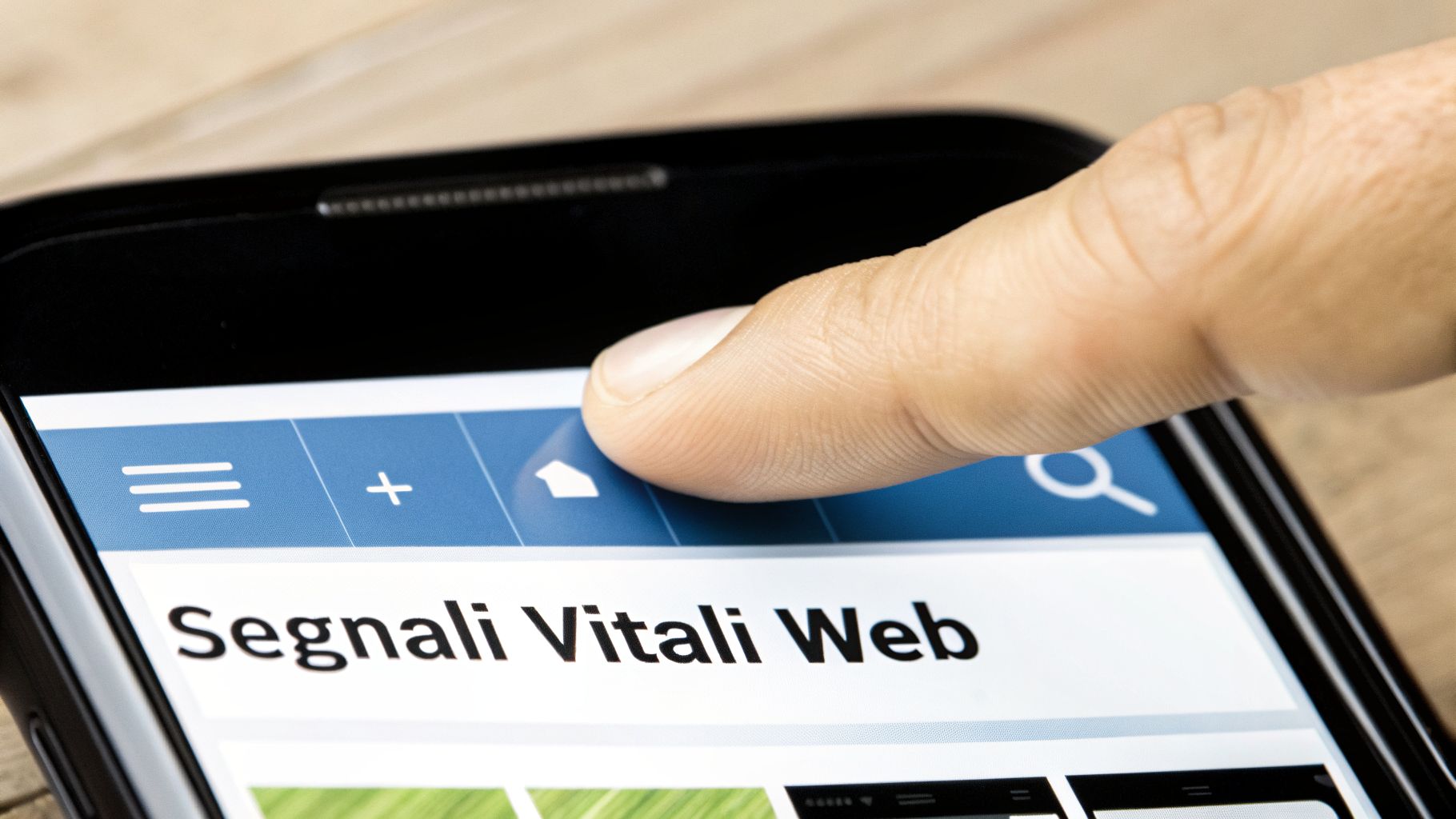 Dito che tocca l'icona della casa su uno smartphone, navigando una pagina web con "Segnali Vitali Web".
