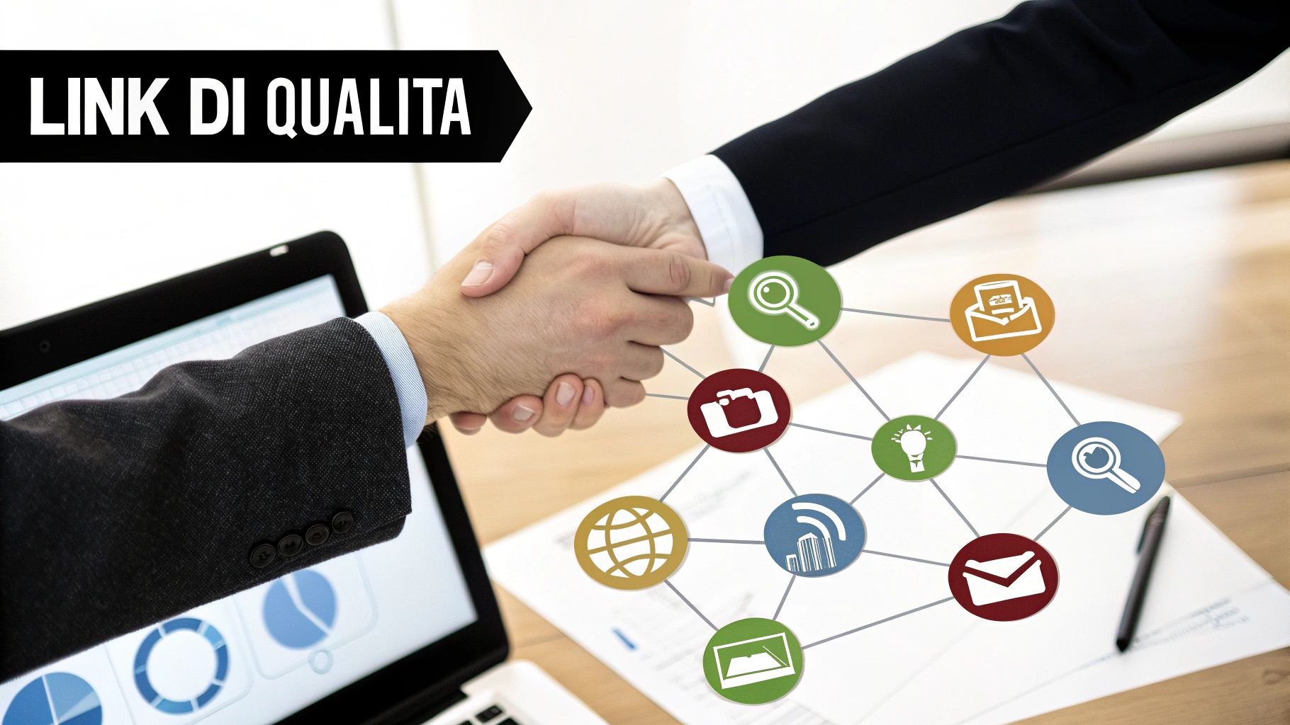 Due persone si stringono la mano su un tavolo con un laptop e icone digitali, raffigurando un accordo per link di qualità e strategie SEO.