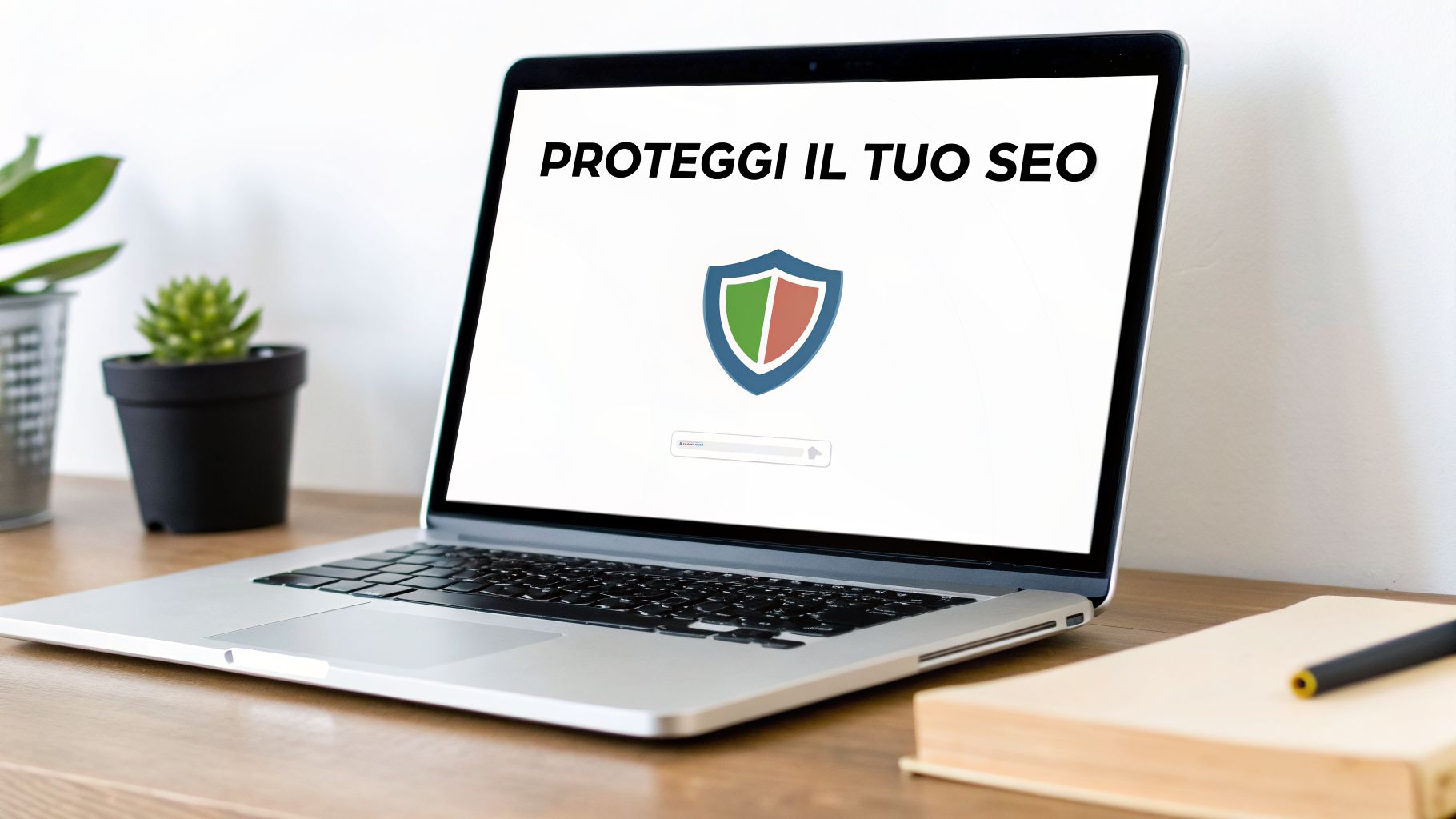 Laptop su scrivania in legno con la scritta 'PROTEGGI IL TUO SEO' e icona scudo sullo schermo. Ambiente di lavoro con piante e accessori.