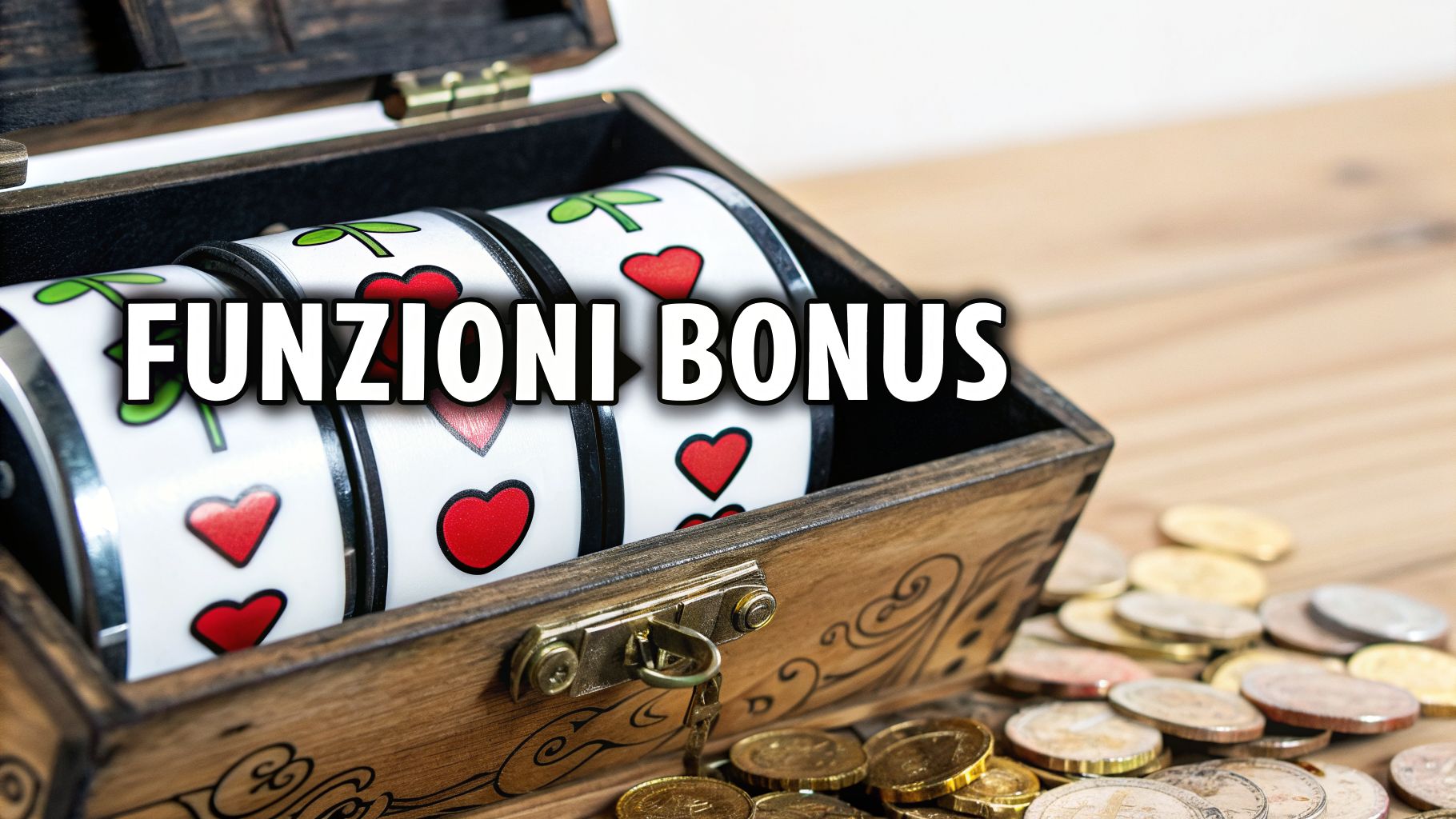 Cofanetto in legno aperto con rulli di slot machine, simboli cuori e ciliegie. La scritta 'FUNZIONI BONUS' e monete sparse.