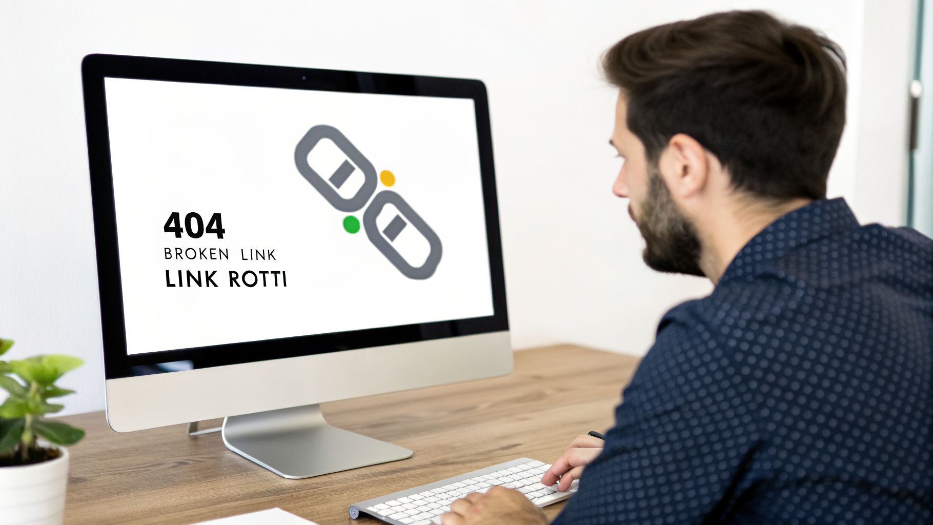 Uomo che guarda uno schermo di computer con un errore 404 'Broken Link', indicando un problema con i collegamenti.