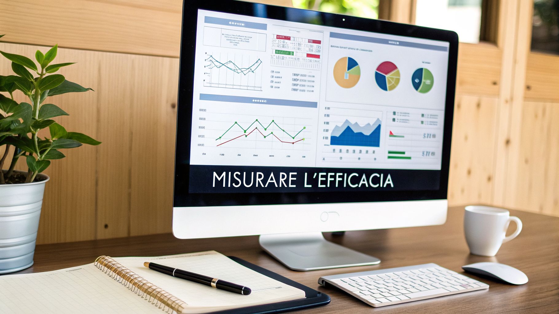 Schermo di computer mostra grafici di analisi dati e la frase 'Misurare l'Efficacia', su una scrivania con quaderno e penna.