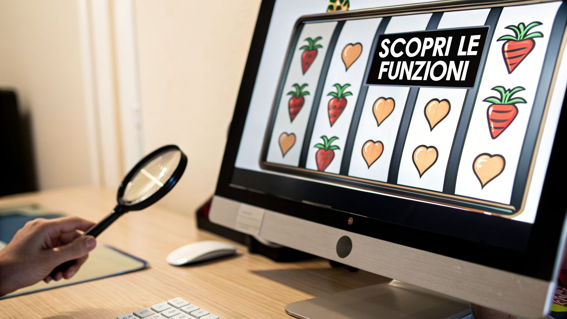 Una mano tiene una lente d'ingrandimento verso un monitor che mostra una slot machine con la scritta 'SCOPRI LE FUNZIONI'.
