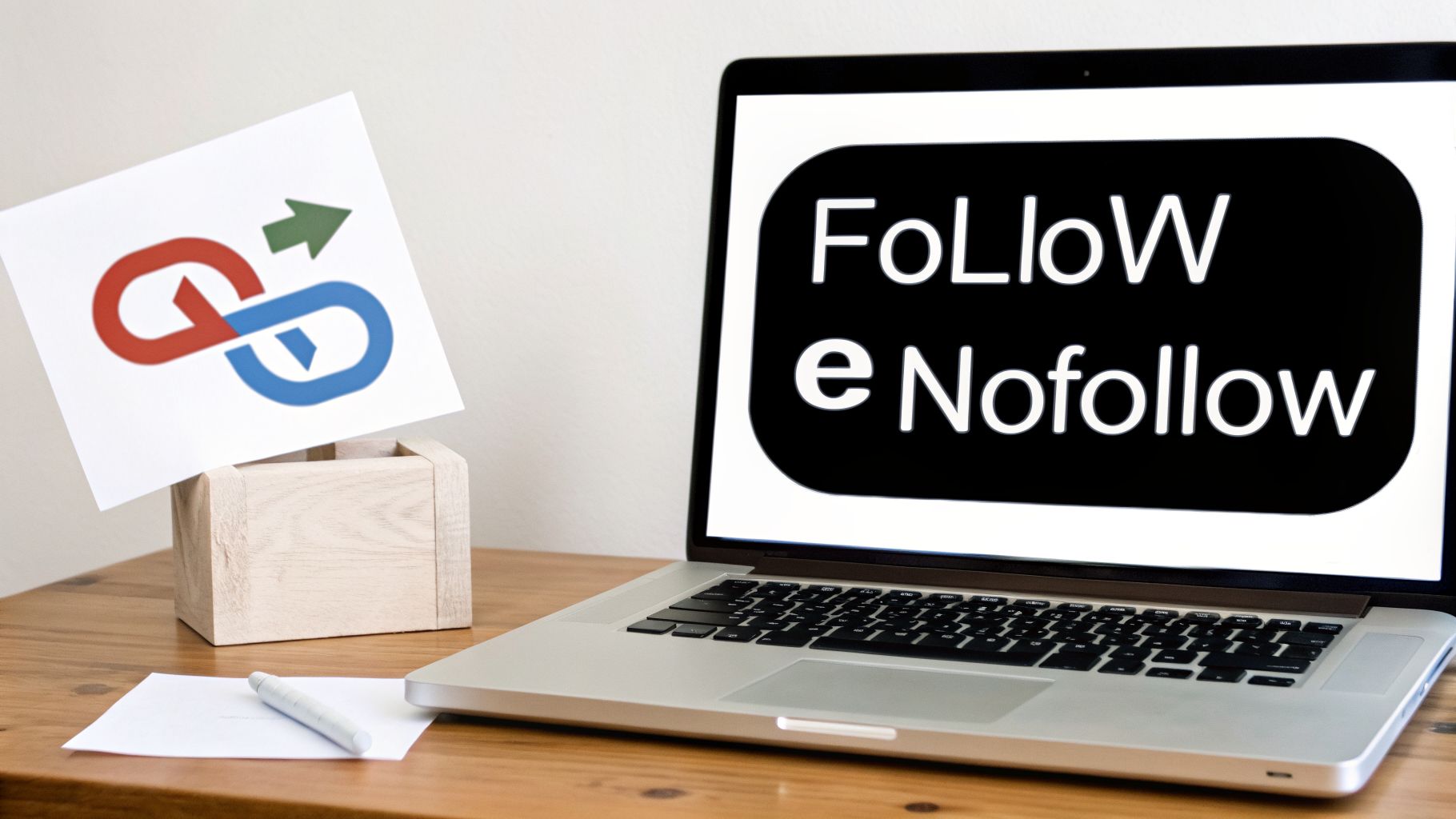 Un laptop mostra sullo schermo i termini 'Follow e Nofollow' accanto a un simbolo di link con freccia, concetti chiave della SEO.