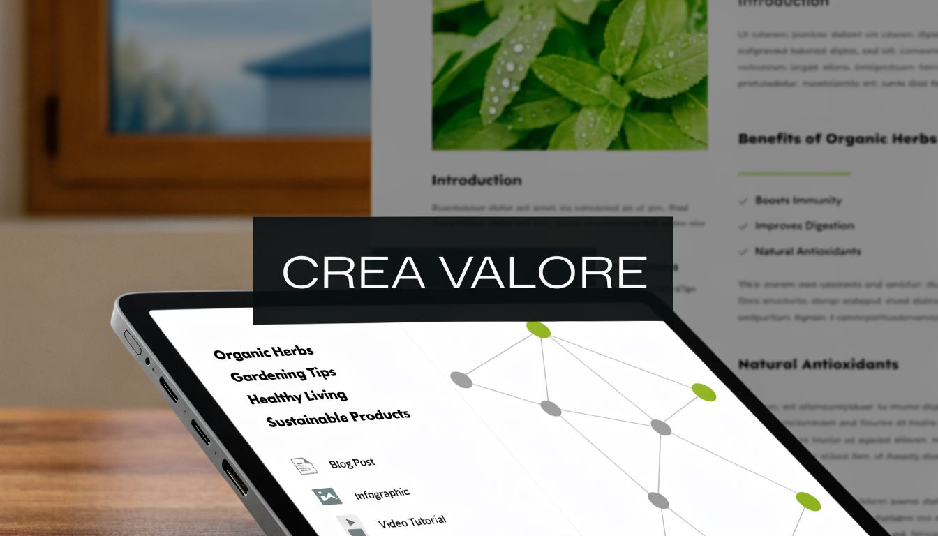 Un tablet mostra un'interfaccia di progettazione grafica con collegamenti tra concetti per la strategia SEO