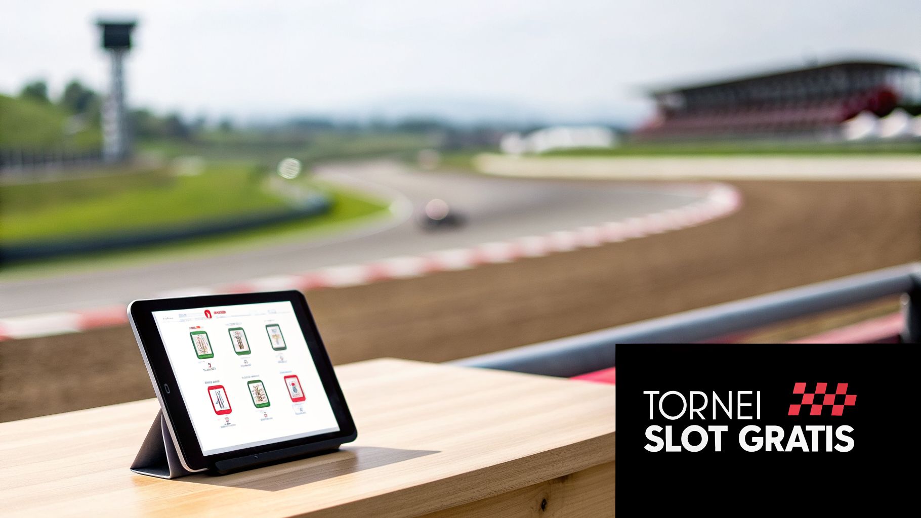Un tablet su un tavolo di legno mostra giochi di slot con una pista da corsa in lontananza.